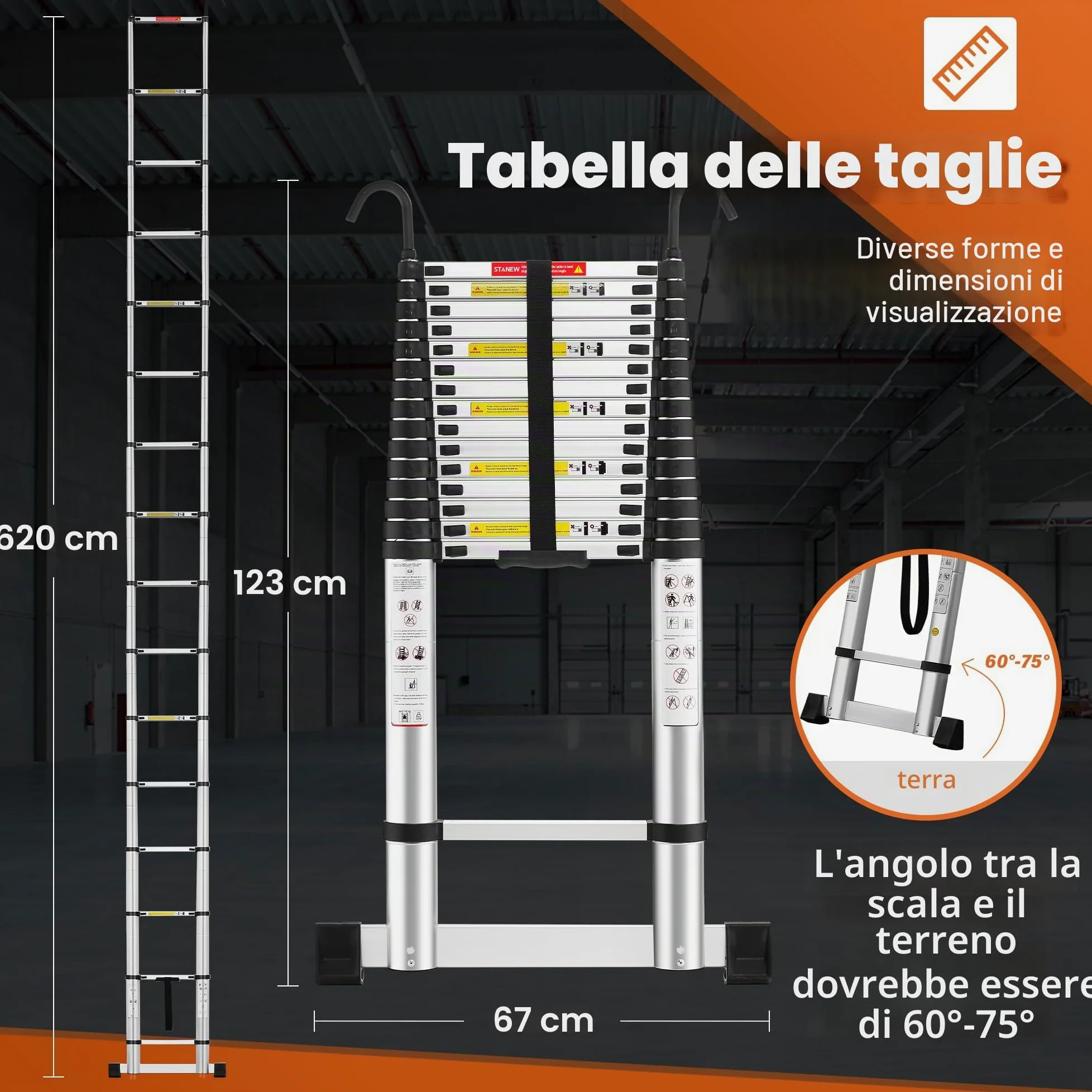 TEENO Scala Telescopica 6,2 M, Scala Telescopica in Alluminio con Barra Stabilizzatrice e Gancio Rimovibile, Scala Pieghevole Portatile per Riparazioni Domestiche, Carico Max 150 KG