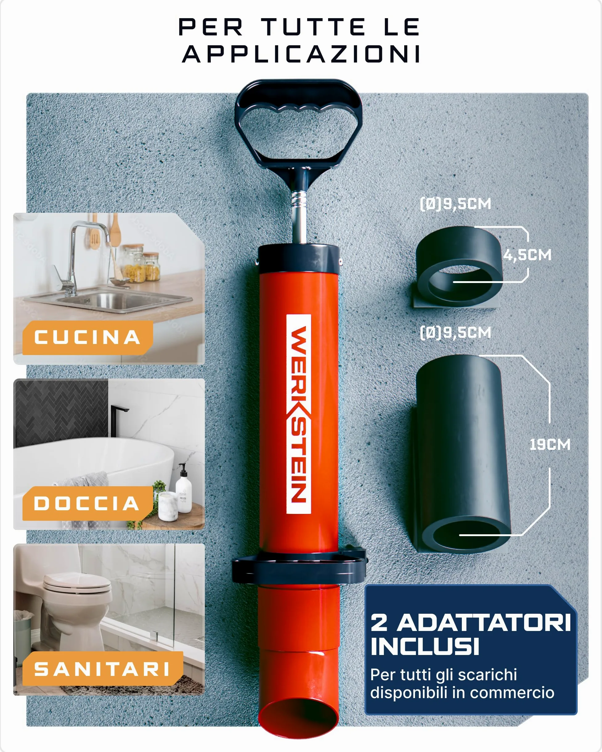 WERKSTEIN Sturascarici ad alta pressione I Stura lavandini e scarichi professionale I Pompa sturalavandini e scarici di alta qualità I per una pulizia rapida ed efficace dei tubi I Incl. 2 adattatori