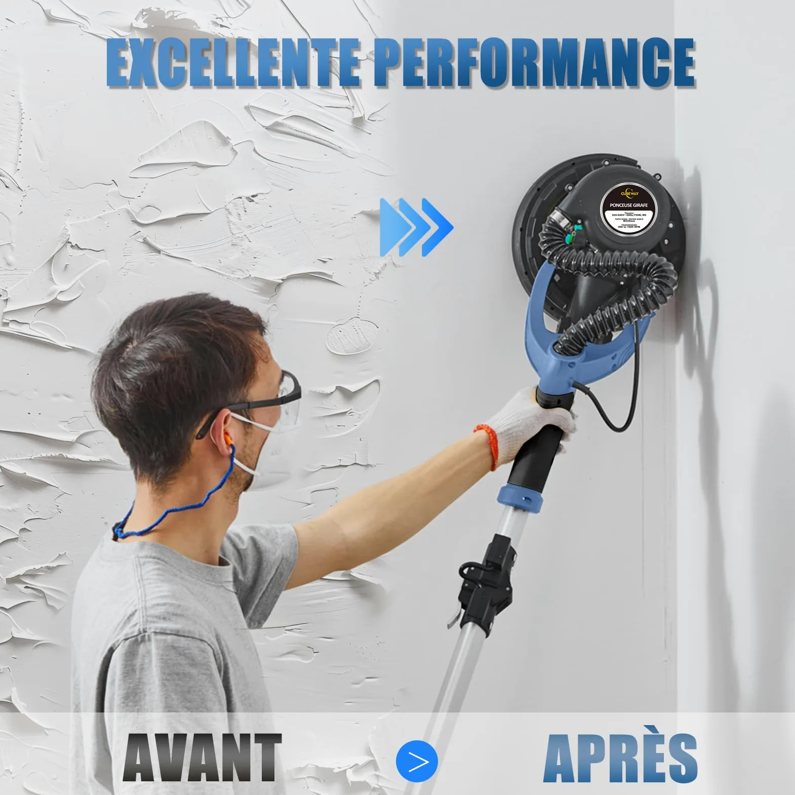 Levigatrice Giraffa 750 W professionale con sistema di vuoto automatico e luce LED, Levigatrice da parete e soffitto telescopico, diametro 215 mm, 7 velocità 900-1800 giri/min (blu)