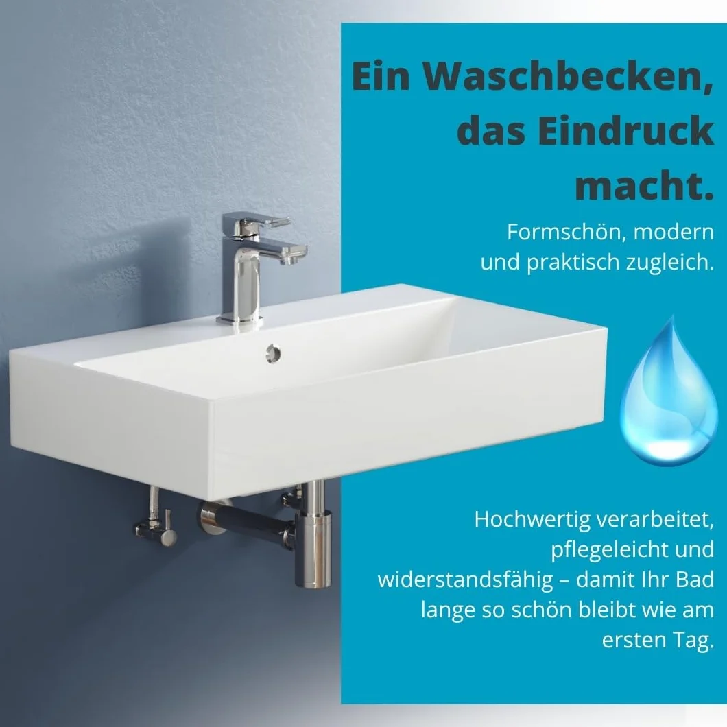 Aqua Bagno lavabo 70 cm rettangolare da parete, ceramica bianco lucido con foro rubinetto e troppopieno, design moderno per bagno contemporaneo, facile da pulire