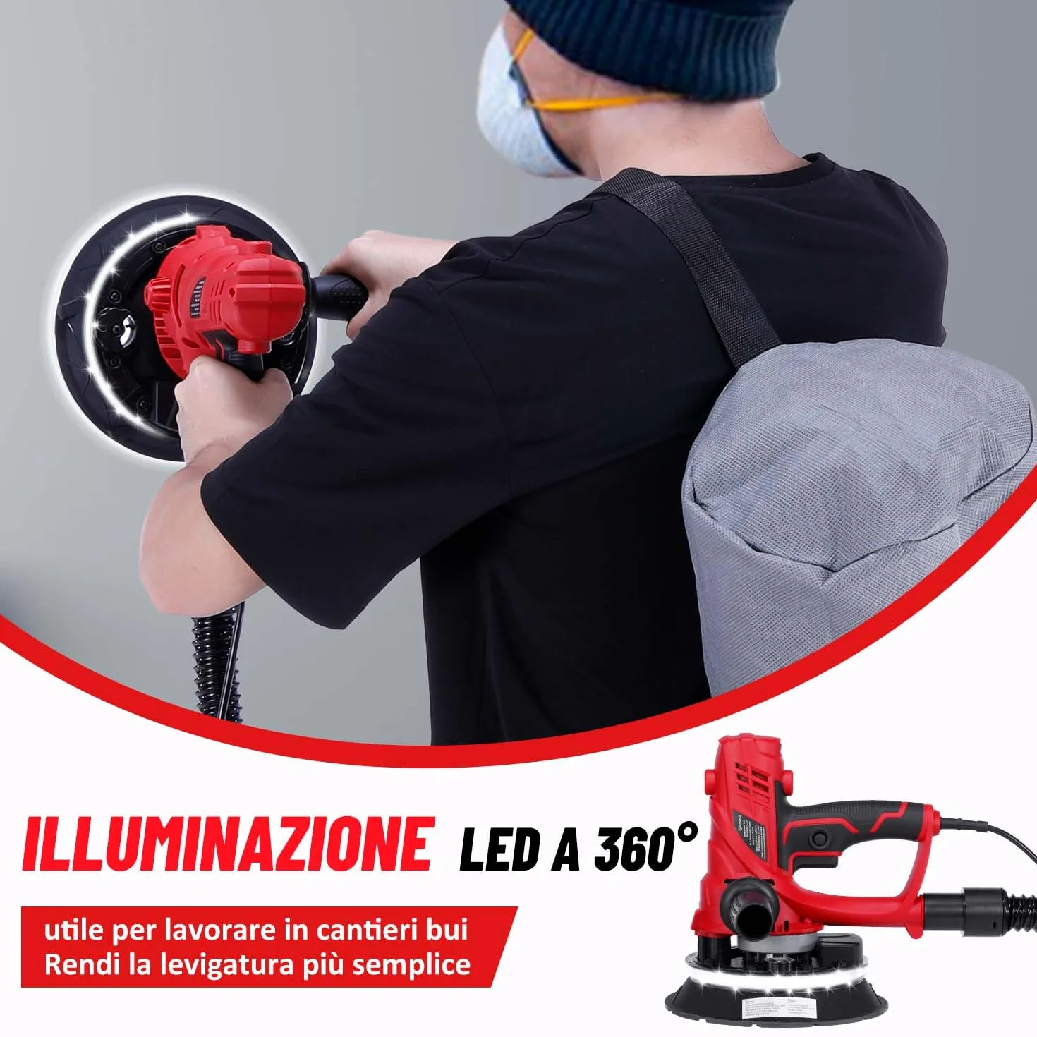 Geevorks Levigatrice per Muro, 850W Levigatrice a Secco Velocità Variabile 1500-2600 Giri al Minuto, Aspirazione Polvere Automatica con Luce a LED, Doppio Manico, Sacco di Raccolta e12 Dischi Abrasivi
