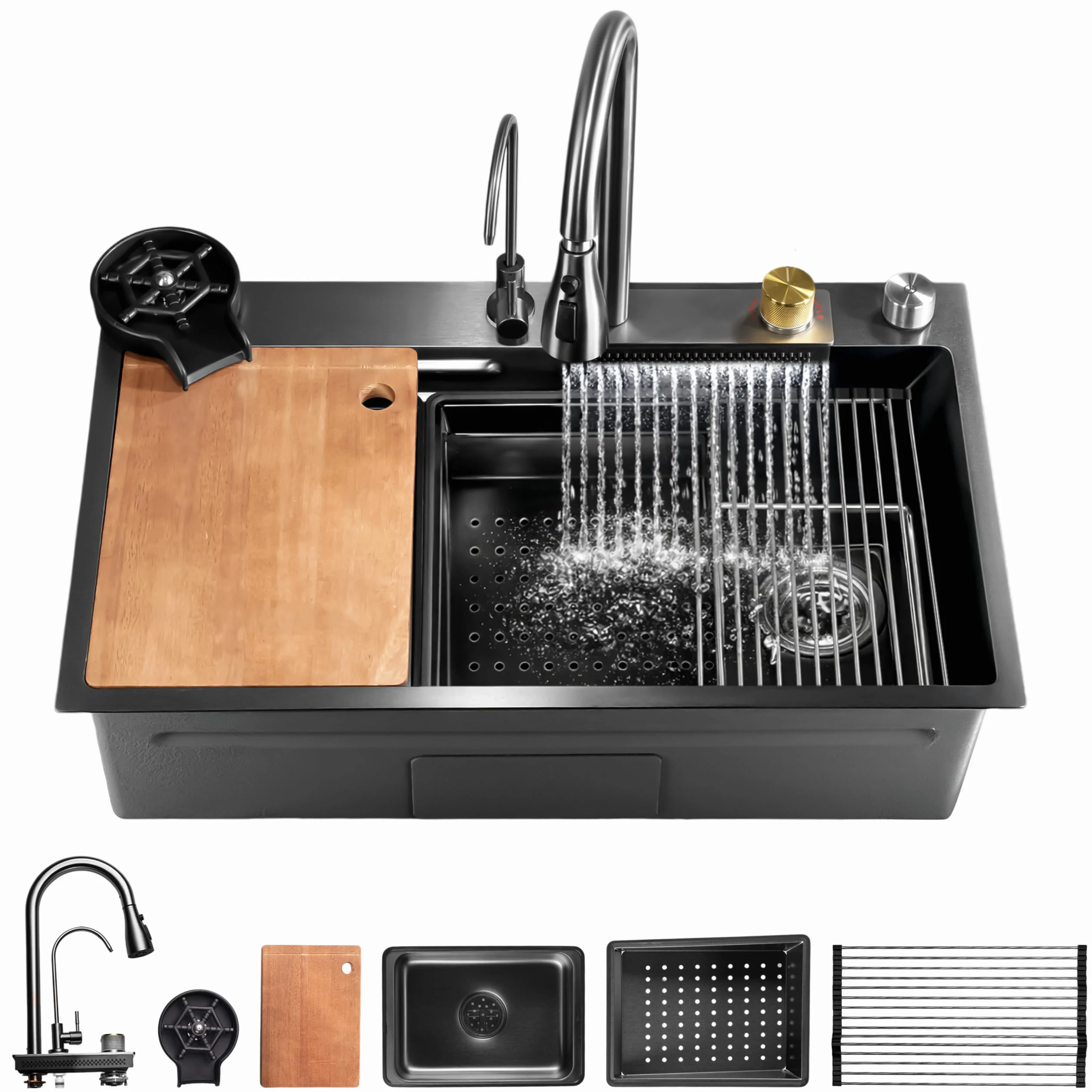 SereneLife Lavello Cucina 1 Vasca in Acciaio Inox Nero 75x46x22 cm, Lavandino Cucina con Scolapiatti, Cestello Filtro, Vassoio e Tagliere