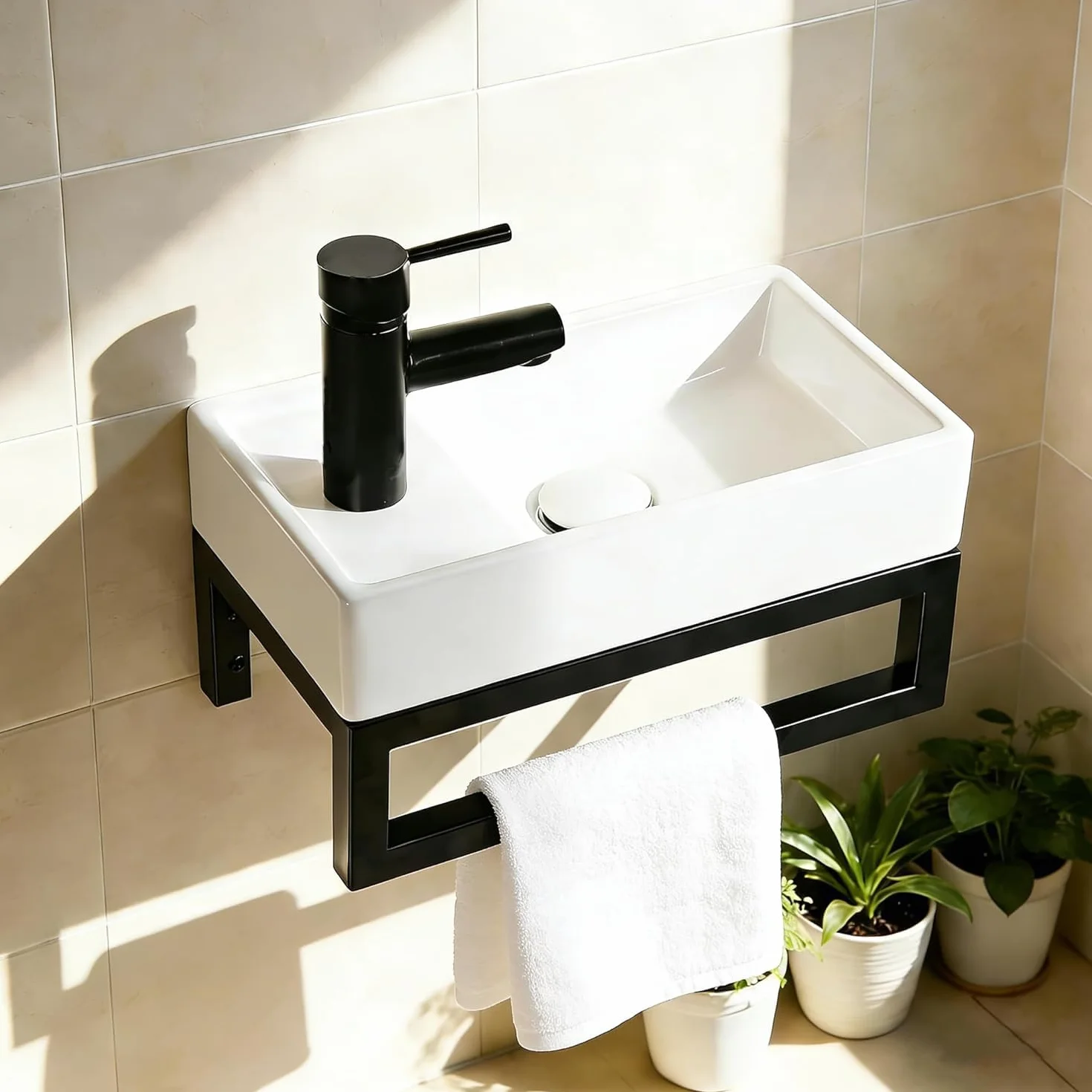 NUESTRA VIDA Lavabo WC Sospeso, 40x22 cm, per Bagno Ospiti e Piccoli Spazi. Struttura in Metallo Nero Opaco con Troppopieno, Design Salvaspazio per Appartamento