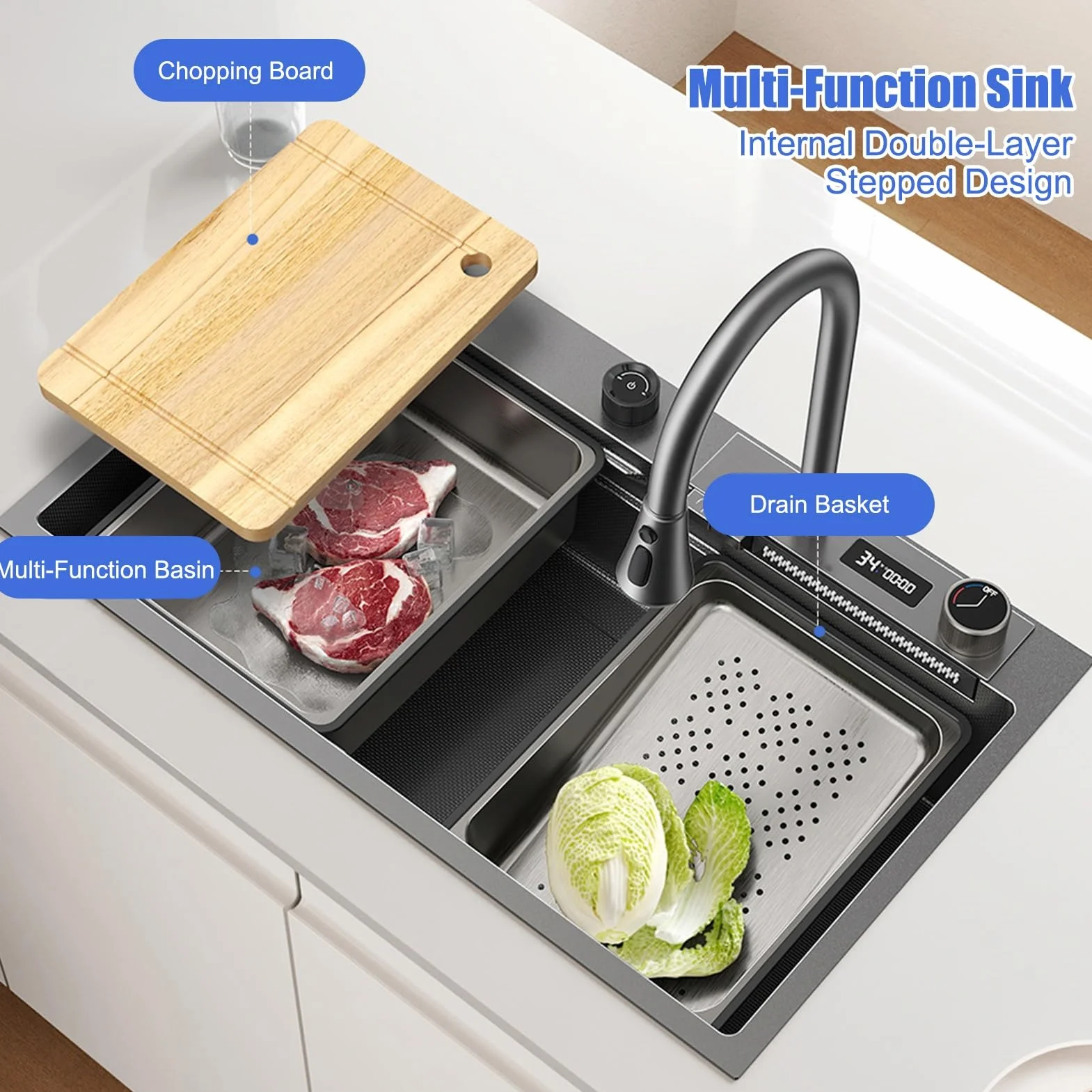 85x45cm Lavello da Cucina In Acciao Inox Da Appoggio Nanorivestito, Lavello da cascata nero con Rubinetto Estraibile, lavello da cucina multifunzione, Lavello per Lavastoviglie Domestico