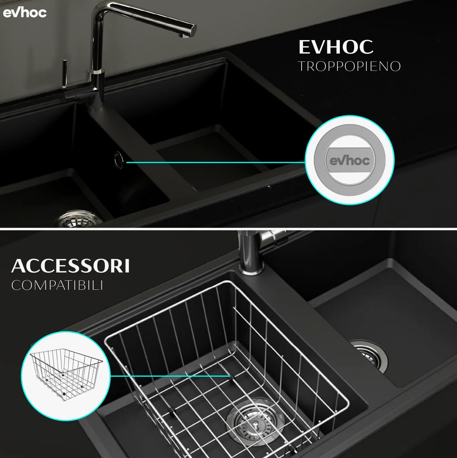 EVHOC Lavello Sopratop 116x50 cm, 2 Vasche con Gocciolatoio, Lavandino Reversibile per Cucina, Piletta Inclusa, Made in Italy, Avena, ADHOC L