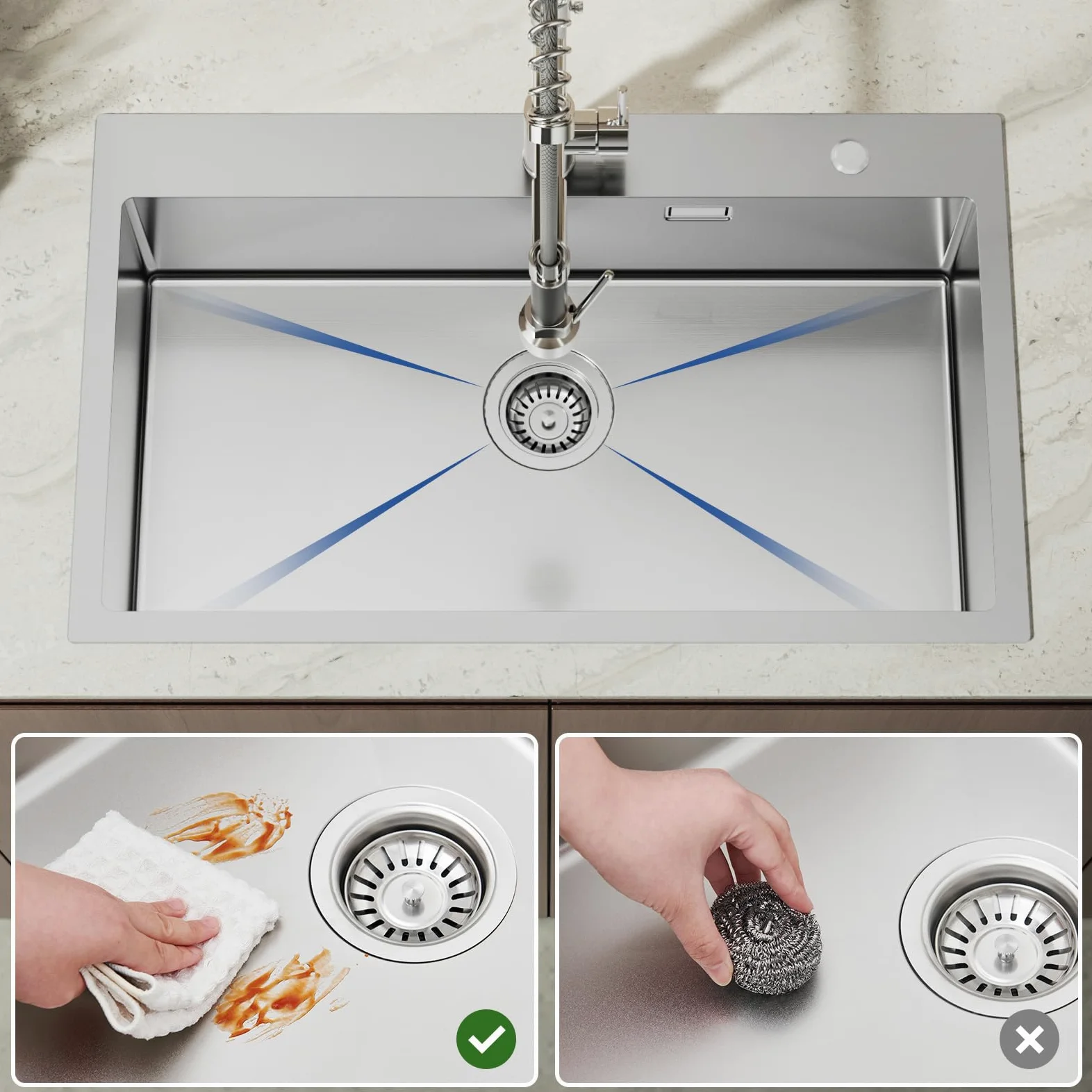 Auralum Lavandino Cucina 75 x 45 cm, Lavello Cucina 1 Vasca con Gocciolatoio, Lavabo Cucina Acciaio Inox da Appoggio con Troppopieno, Sifone e Set di Drenaggio