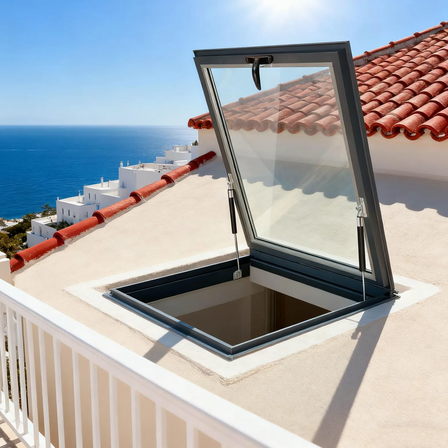 Lucernario per tetto - Finestra per tetto con vetro temperato, Botola per soffitto con asta idraulica, Porta di accesso al sottotetto, Finestra per pozzo di illuminazione del seminterrato (68×78cm)