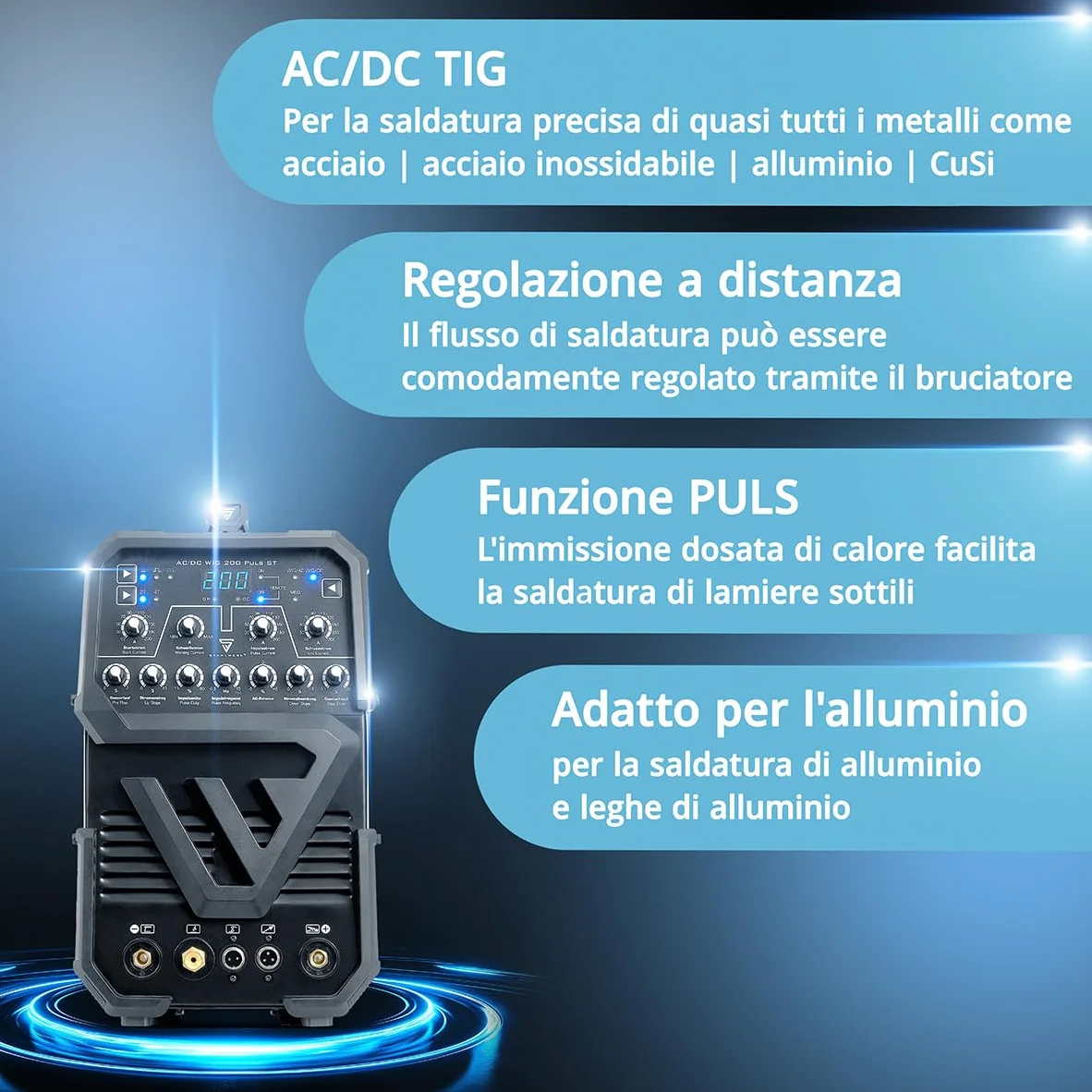 STAHLWERK Saldatrice AC/DC TIG 200 Puls ST – Inverter IGBT con modalità AC, MMA (elettrodo) fino a 200 A, innesco HF, funzione Pulse, 2T & 4T, Hotstart, per alluminio & lamiere sottili