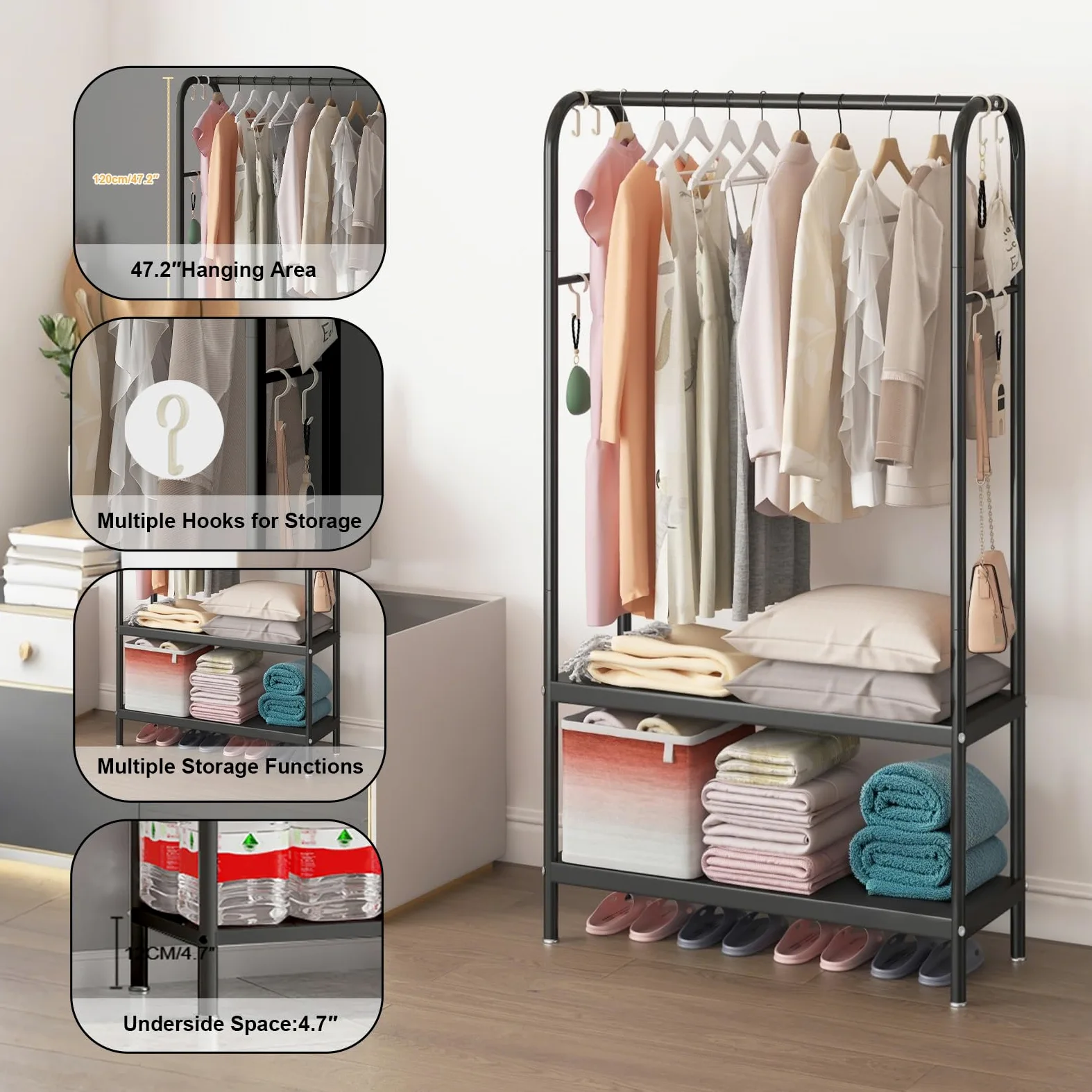 Zstar Appendiabiti in metallo per appendere vestiti, con ripiani a 2 livelli, 6 ganci, per negozio, camera da letto, spogliatoio, 80 x 33 x 172 cm, nero