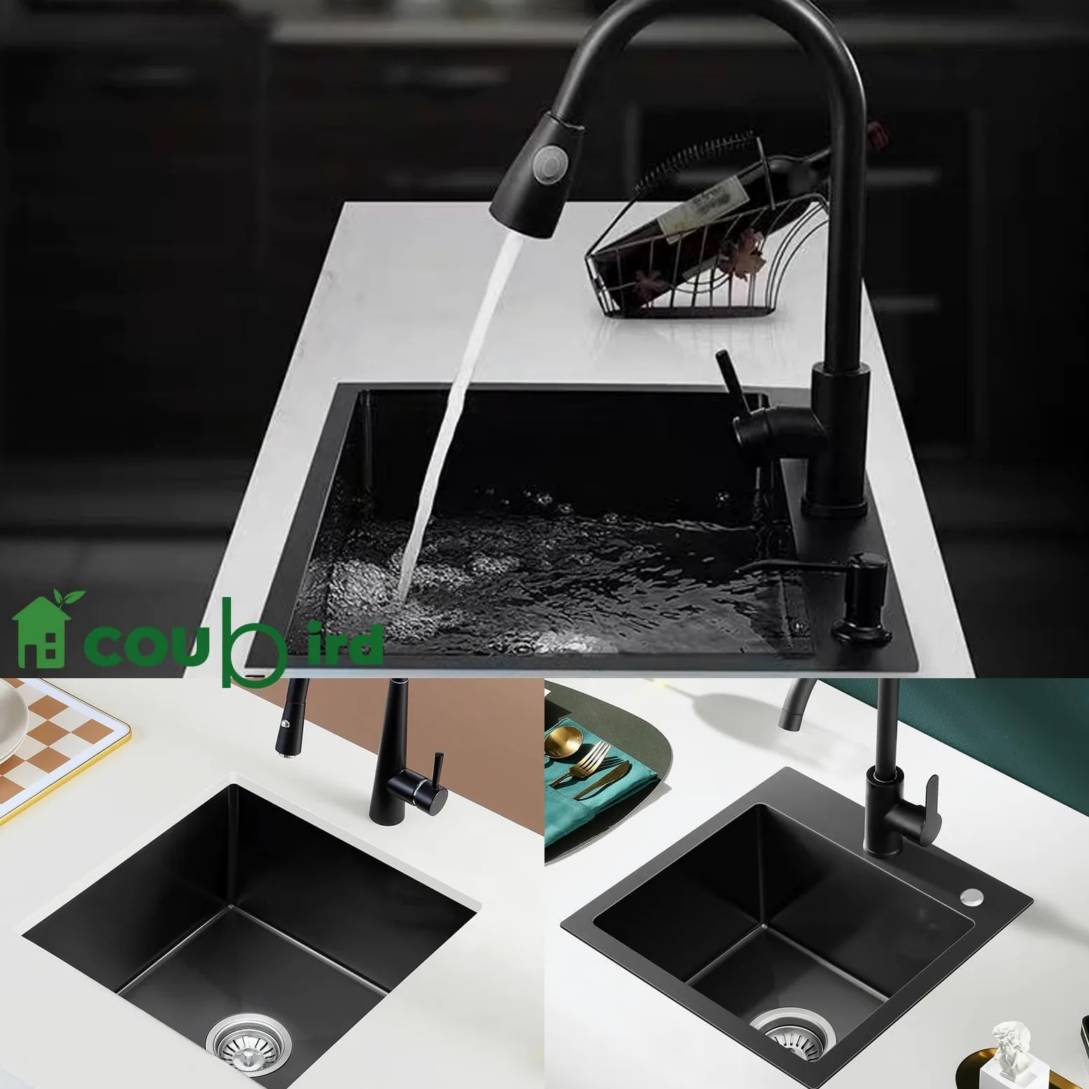 Lavello da cucina in acciaio inox nero con montaggio sotto piano di lavoro piccolo lavello da cucina con accessori per scolapiatti, adatto per cucine, roulotte, bar e ripostiglio