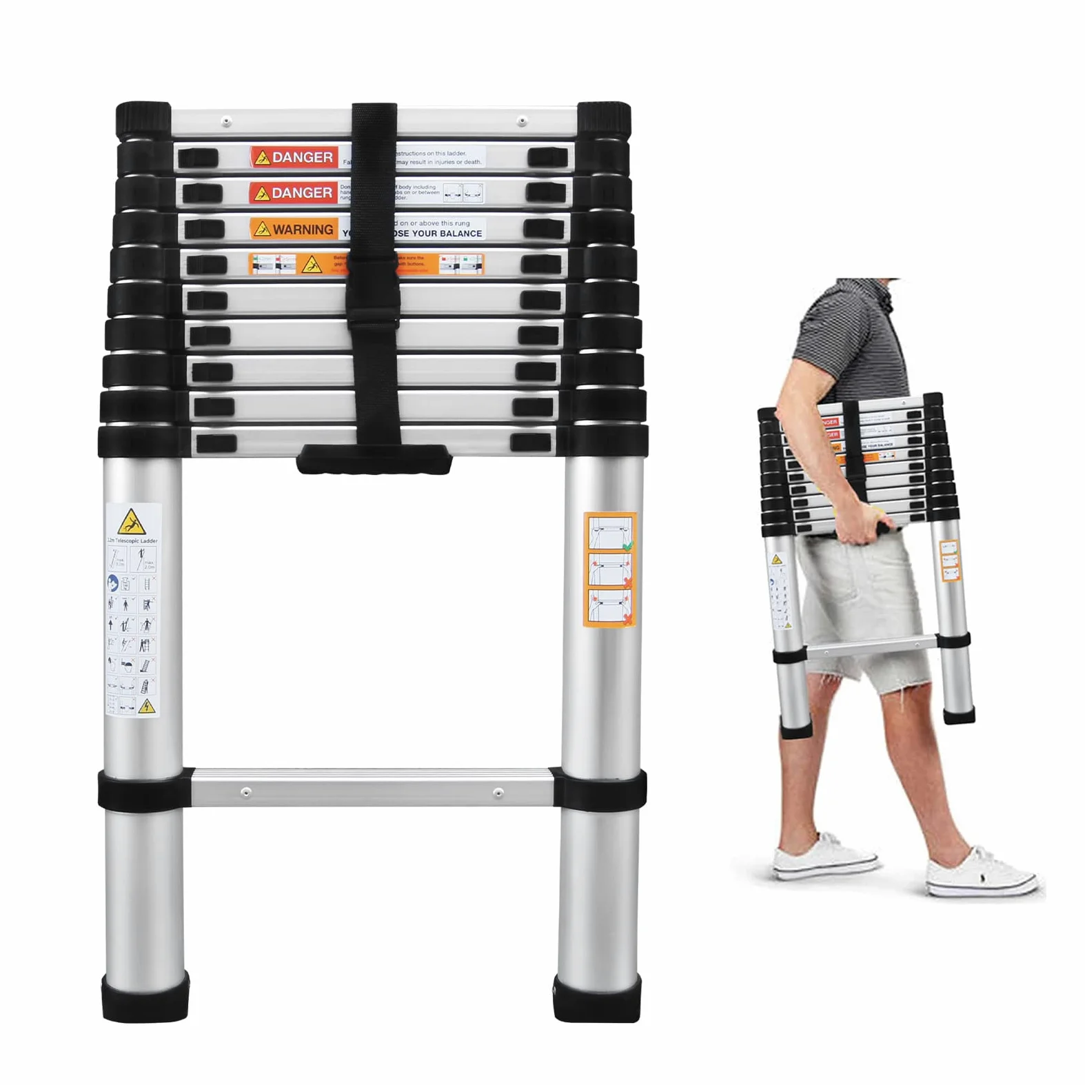 Scala telescopica multiuso in alluminio leggero, da 3,2 m, portatile, allungabile, resistente