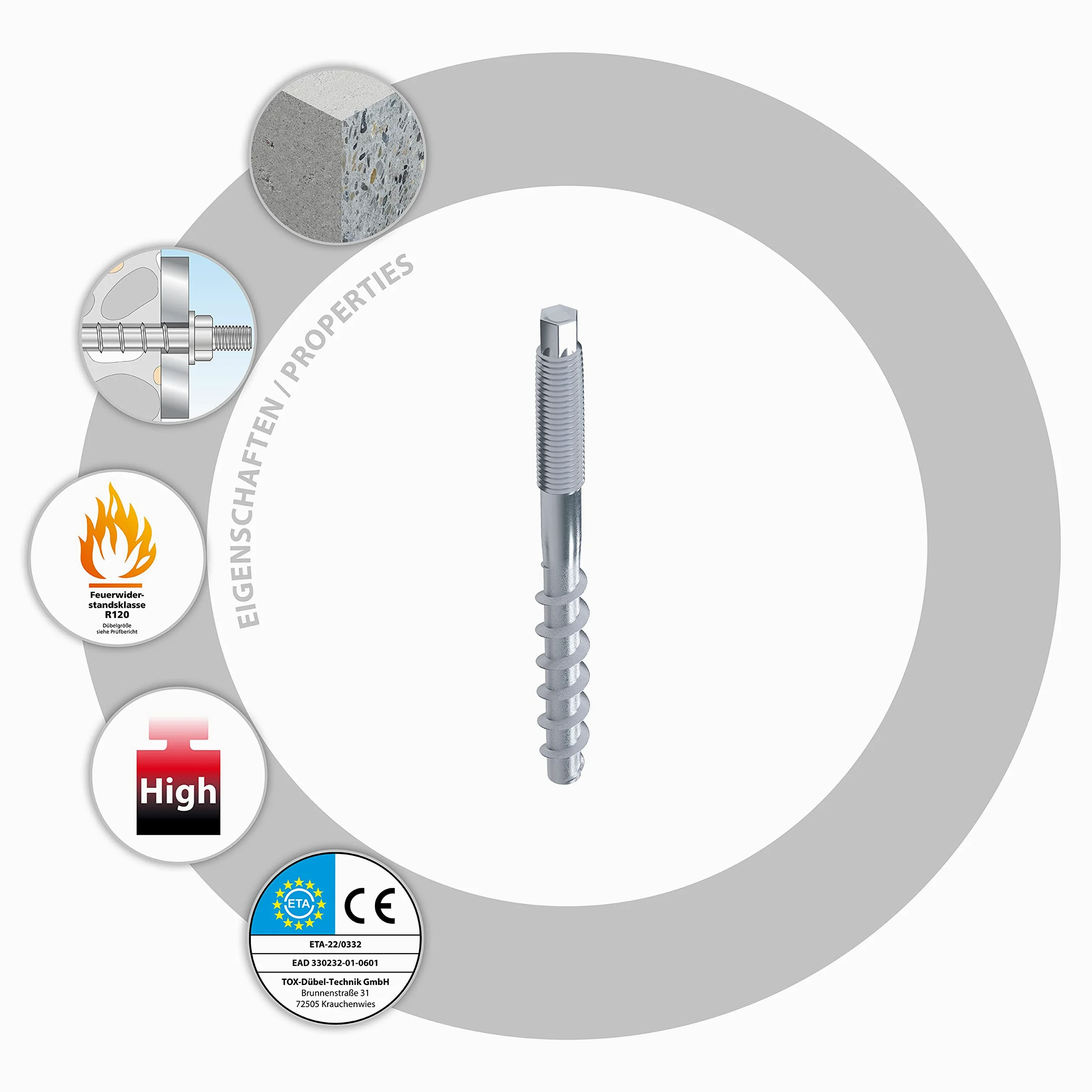 TOX Ancoraggio a vite Sumo Max 1 AG A4 10x140 mm, con filettatura di connessione M10, acciaio inox A4 per diverse profondità di installazione, approvato dalle autorità edilizie, 50 pezzi, 041171551