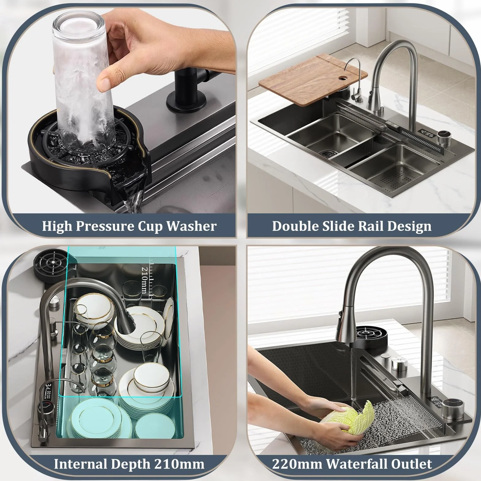 50 Cm Di Larghezza Nero Grande Cascata Lavello Cucina Acciaio Inox Set, Lavello Multifunzione1 Vasca Con Cascataterraneo Rubinetto, Lavandino Esterno Con Gocciolatoio E Vari Accessor(Black-Grey A,80x5