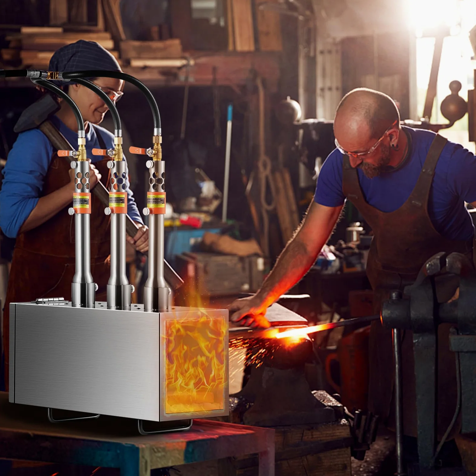 VEVOR Forgia a gas propano portatile, forno a gas quadrato con 3 bruciatori, temperatura max 1427 ℃, utensili e attrezzature per forgiatura a gas in acciaio inox, per colteliere Maréchaux-Ferrants