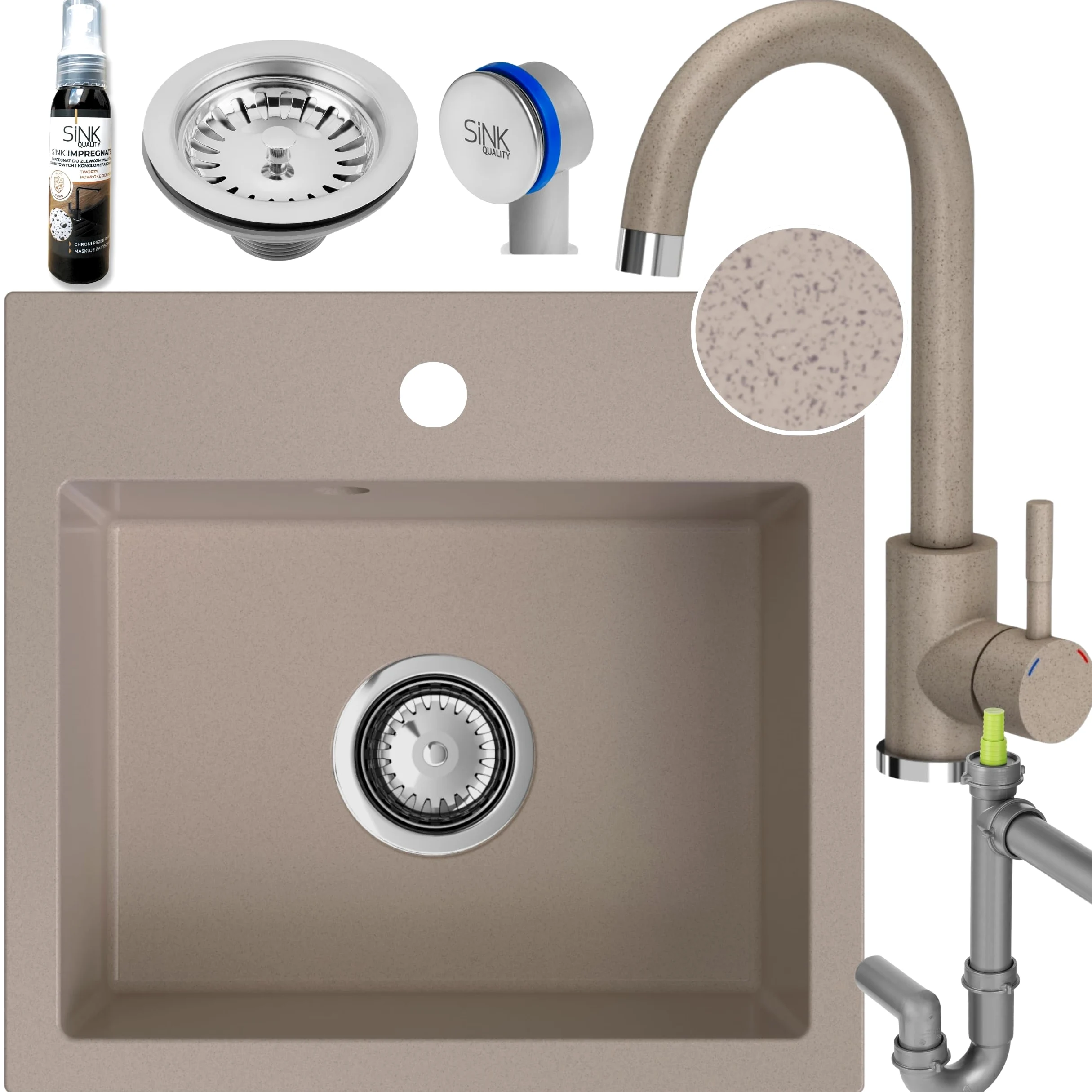 Lavello Sink Quality Beige con rubinetto, 45 × 42 cm, sifone e impregnazione, da incasso in granito, per mobiletto a partire da 45 cm