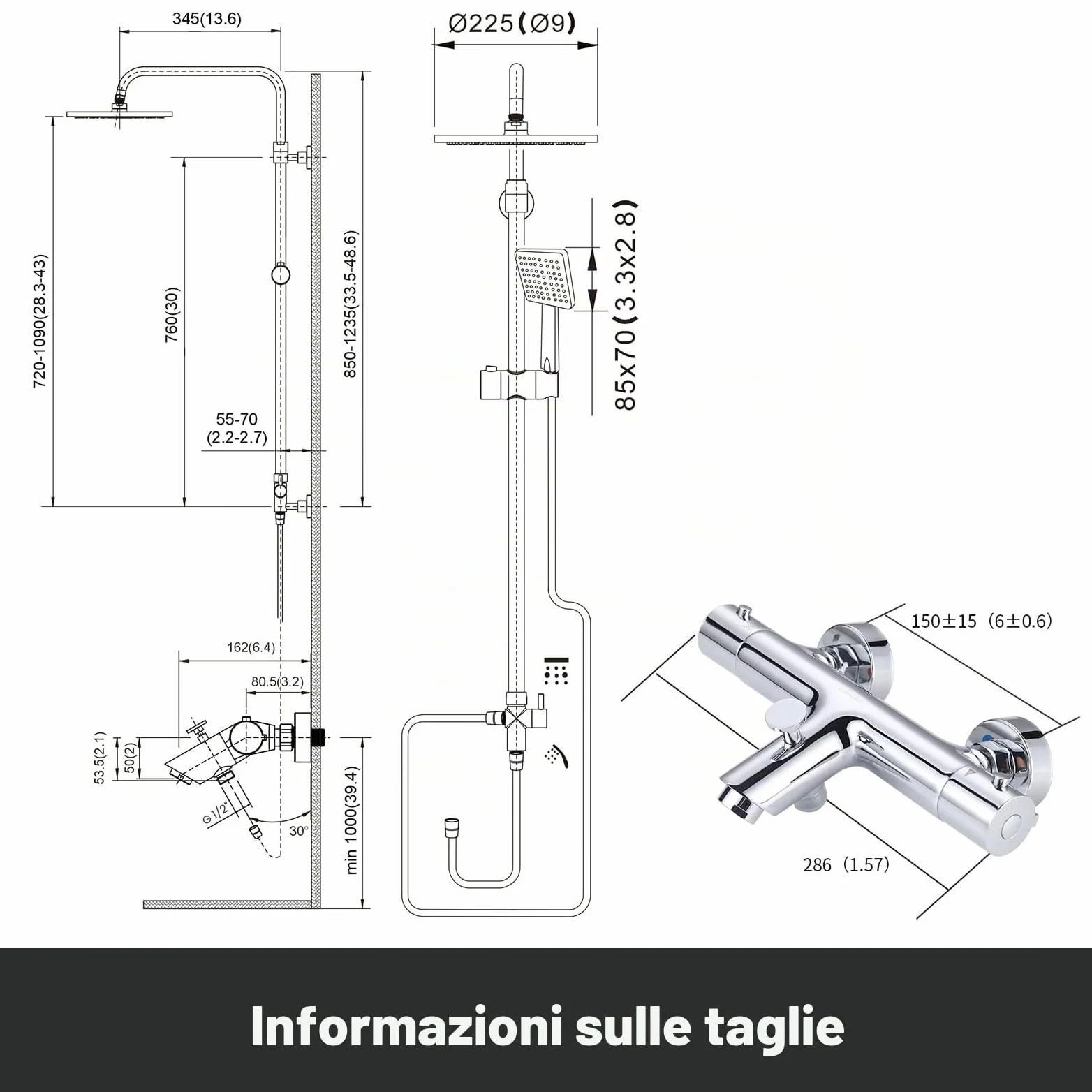 ARCORA Set Doccia Termostatico Completo, Sistema Doccia, Rame e Acciaio Inox, Miscelatore Vasca Doccia Termostatico 38℃, 3 Modalità di Erogazione, Cambio Facile Doccia-Vasca, Cromato