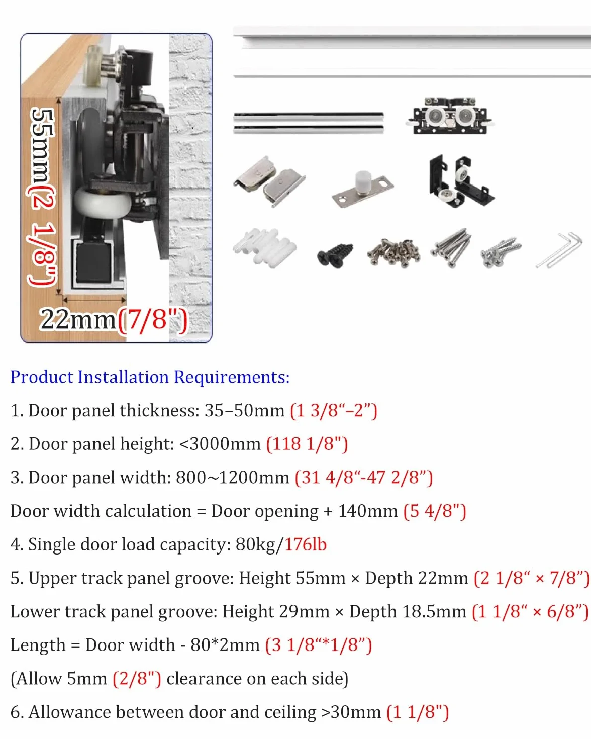 Kit hardware per porta scorrevole con binario invisibile e meccanismo di chiusura ammortizzata per un funzionamento fluido e silenzioso della porta