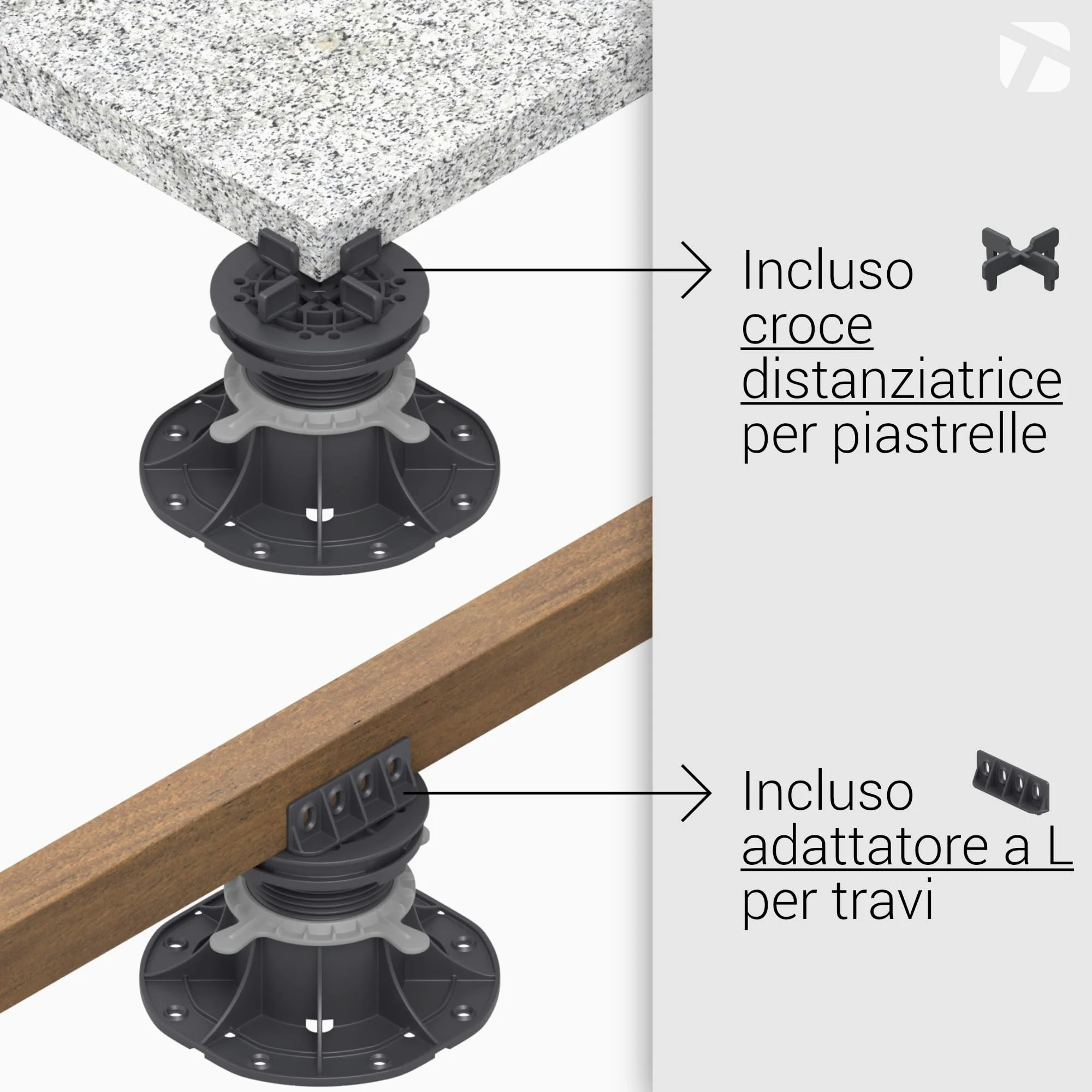 Trevendo Universal Base regolabile per lastre die pietra, assi di legno e WPC - Taglia M 30-45 mm, Confezione da 25