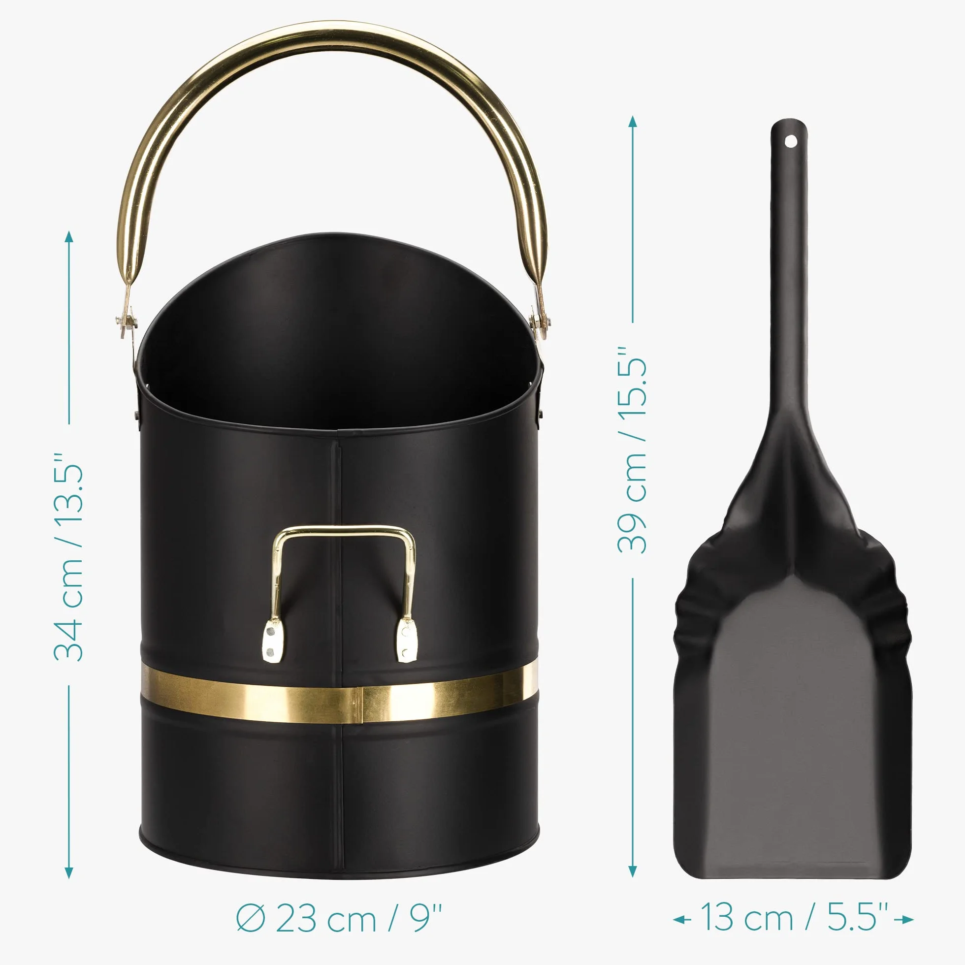 Navaris Secchio Raccogli Cenere con Paletta - Secchio Raccolta Cenere Camino Carbone Grill Barbecue - Set Raccolta Cenere da Camino - Ferro - Nero Oro