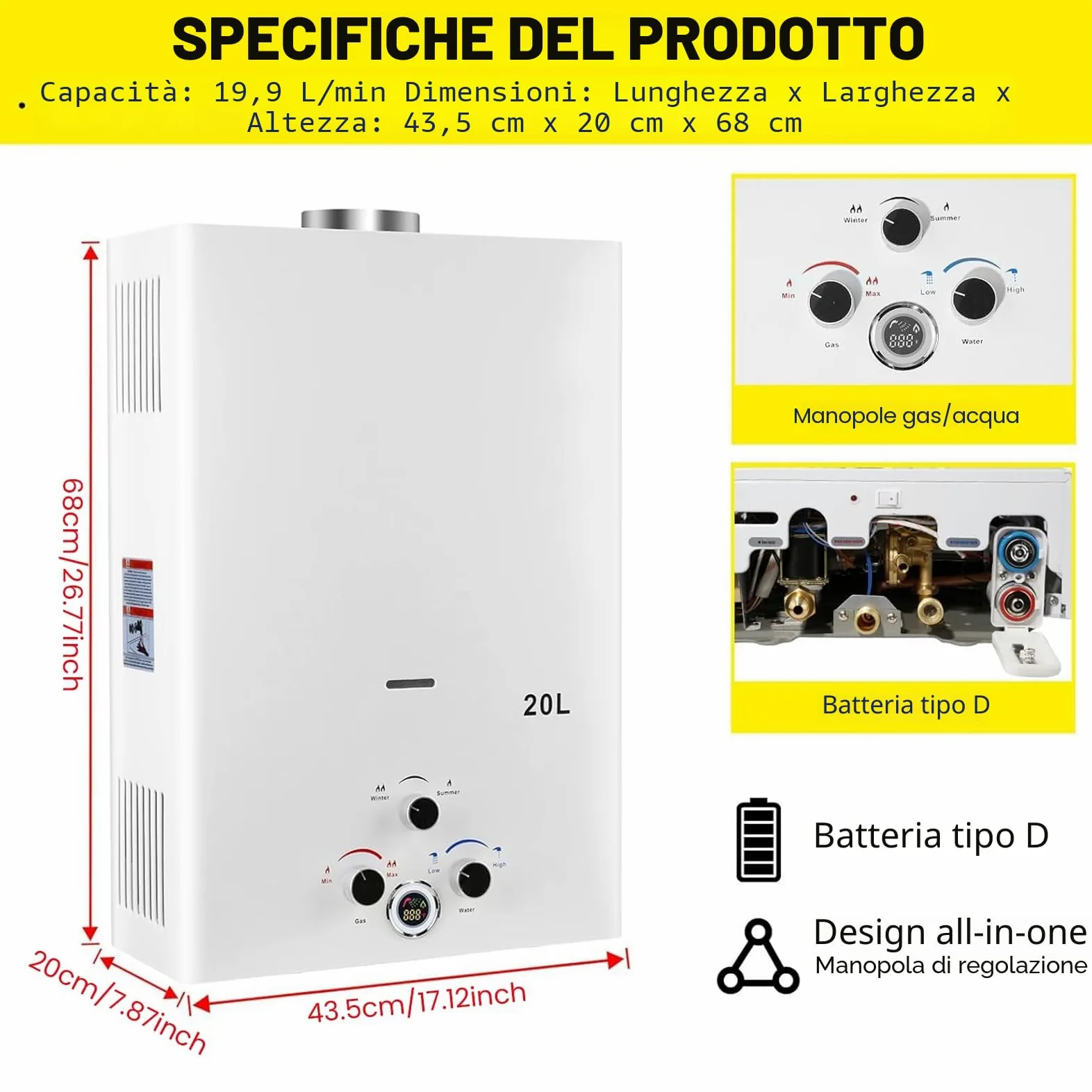 Scaldabagno a Gas 20L, All'aperto Portatile Scaldabagno Istantaneo a Propano Con Display Digitale Multi-Protezione Parete senza Serbatoio Scaldacqua Istantaneo Automatico