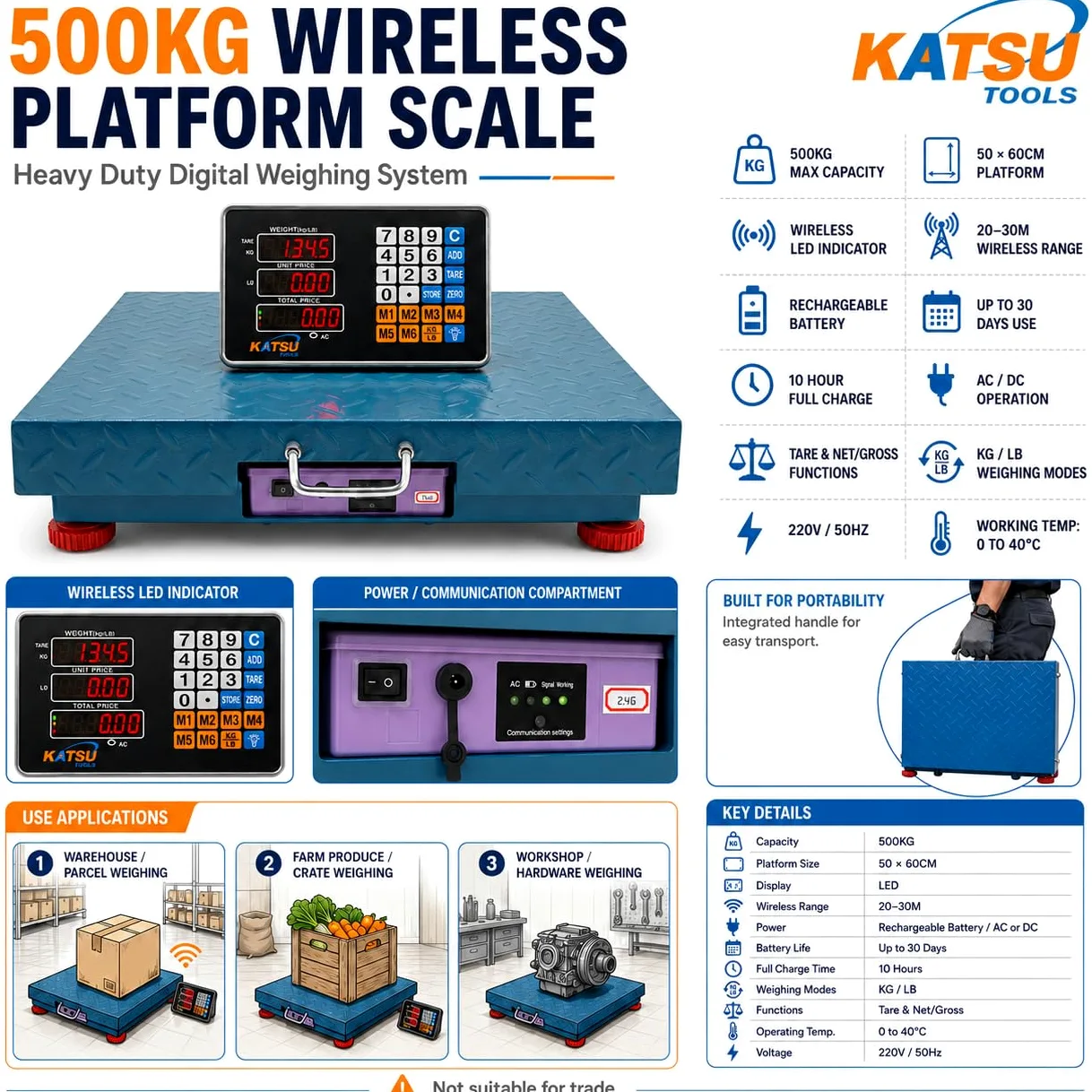 KATSU Tools Bilancia digitale wireless in acciaio 500KG 50x60cm