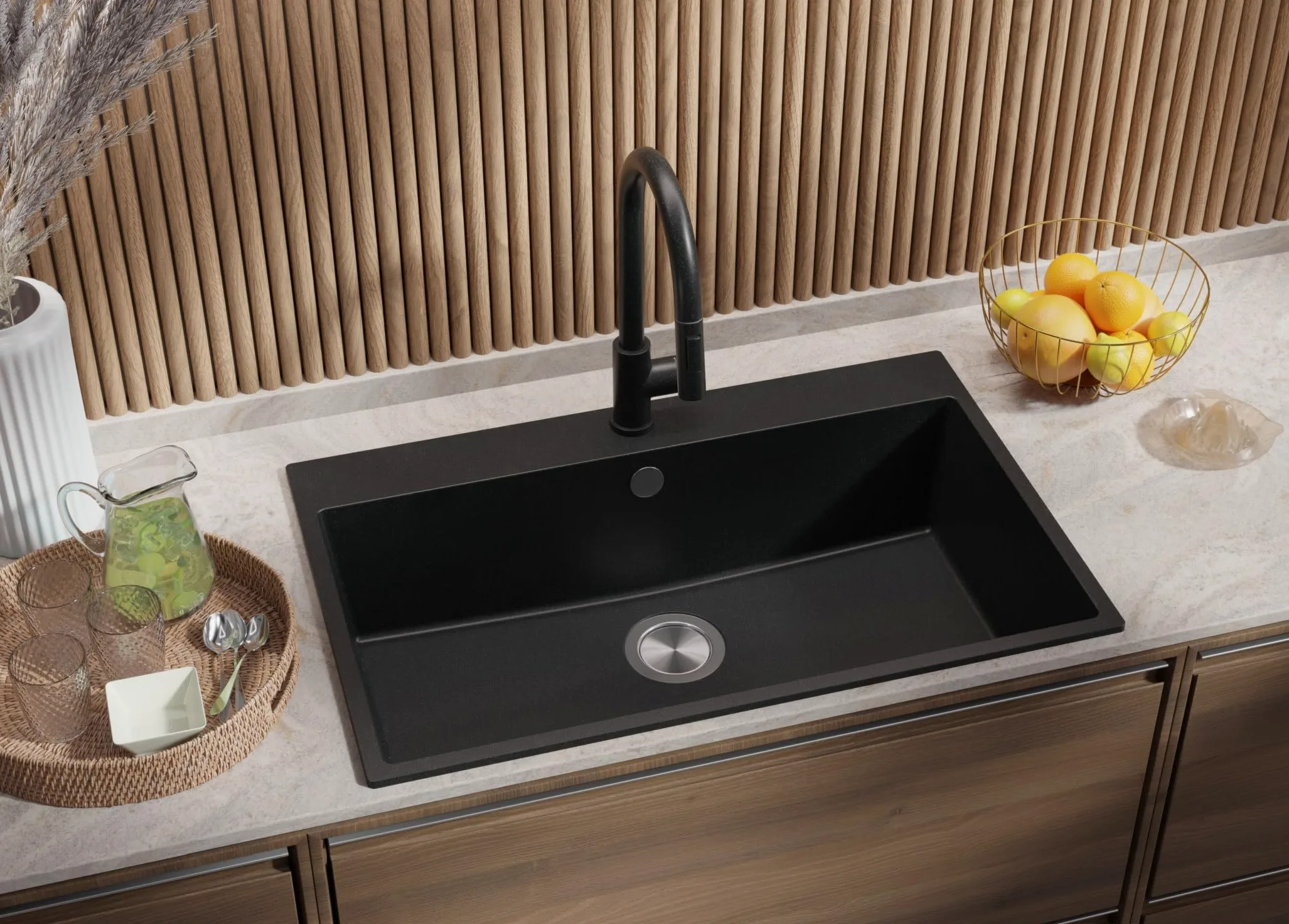 PRIMAGRAN Lavello da Cucina Grafite 78x50cm, Lavandino in Granito a 1 vasca + Sifone Classico, Lavabo da Cucina Incasso al Mobile 80cm - Riga S397