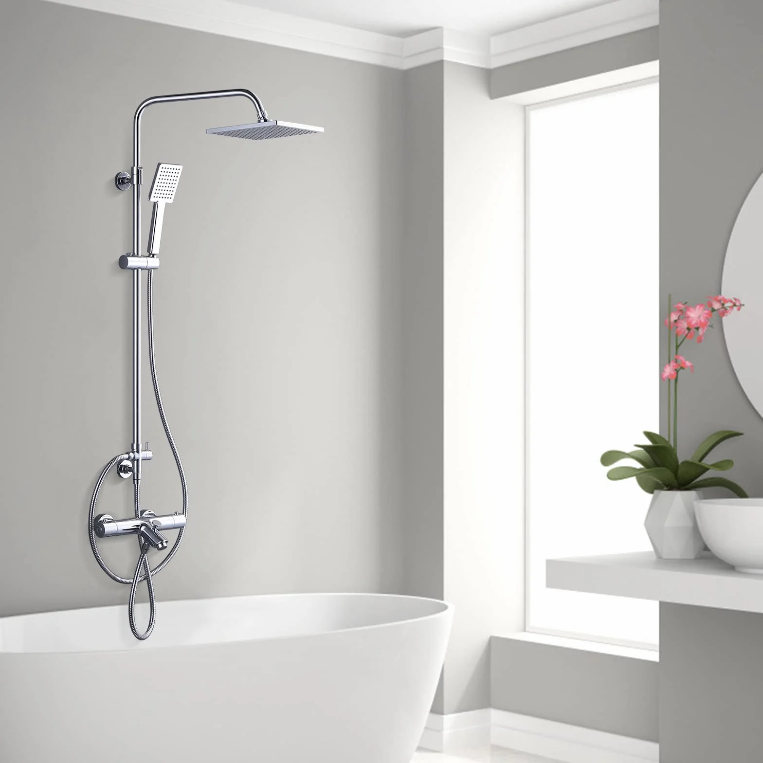 ARCORA Set Doccia Termostatico Completo, Sistema Doccia, Rame e Acciaio Inox, Miscelatore Vasca Doccia Termostatico 38℃, 3 Modalità di Erogazione, Cambio Facile Doccia-Vasca, Cromato