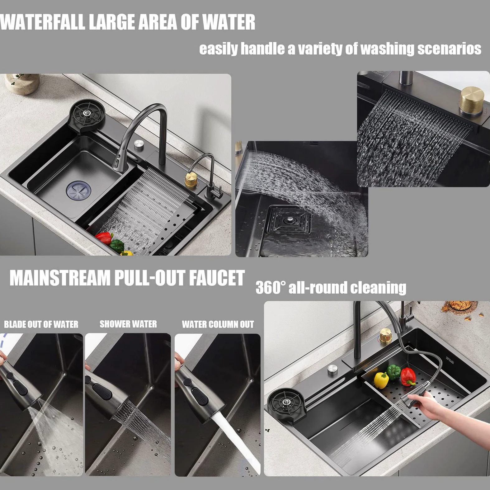 Lavello da cucina Cascata Raindance Nero Acciaio Inox Lavandino Cucina con Rubinetto estraibile con kit di scarico e filtro cestello