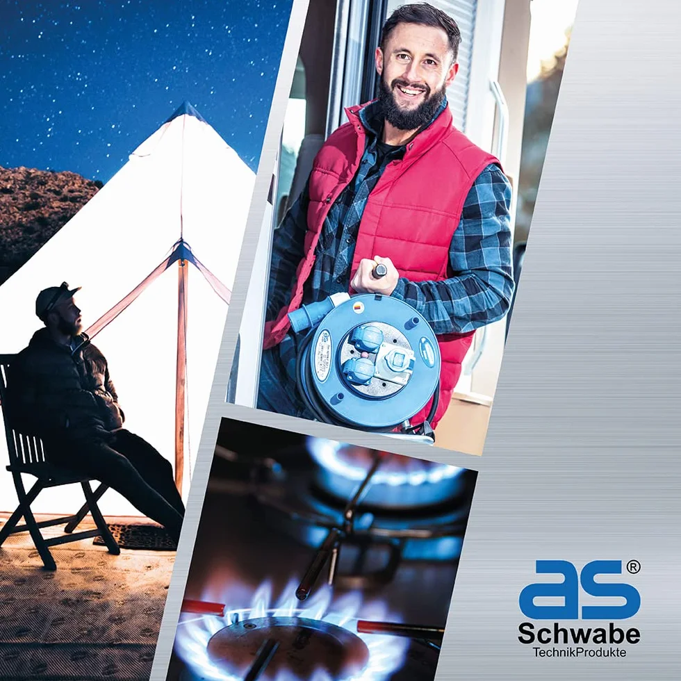 as - Schwabe Cavo di prolunga da campeggio, 25 m, 230 V, 16 A, 3 poli, spina CEE con indicatore di tensione, accoppiamento CEE con coperchio ribaltabile, prolunga per camper, prodotto in Germania,