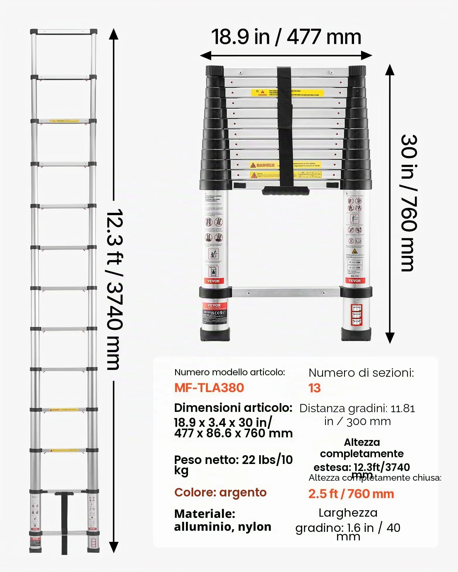 VEVOR Scala Telescopica da 3,8 m, Scala Estensibile Pieghevole Multiuso in Alluminio, Capacità Carico max. di 150 kg con Piedini Antiscivolo, per Casa, Lavori all'Aperto, Soffitta