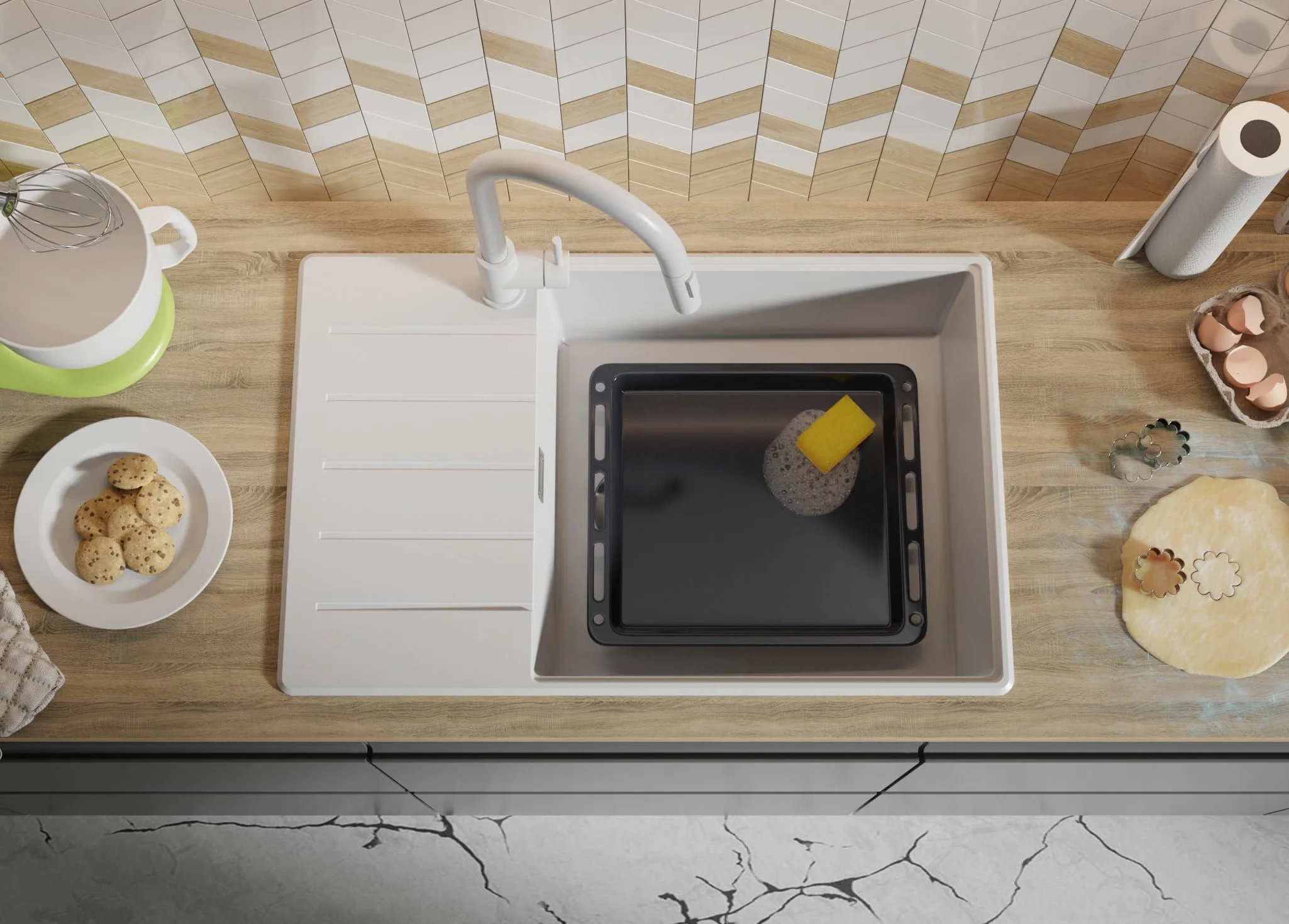 PRIMAGRAN Lavello da Cucina Tutto Bianco 78x50cm, Lavandino in Granito a 1 vasca + Sifone Classico, Lavabo da Cucina Incasso al Mobile 60cm - Copenhagen Top S572