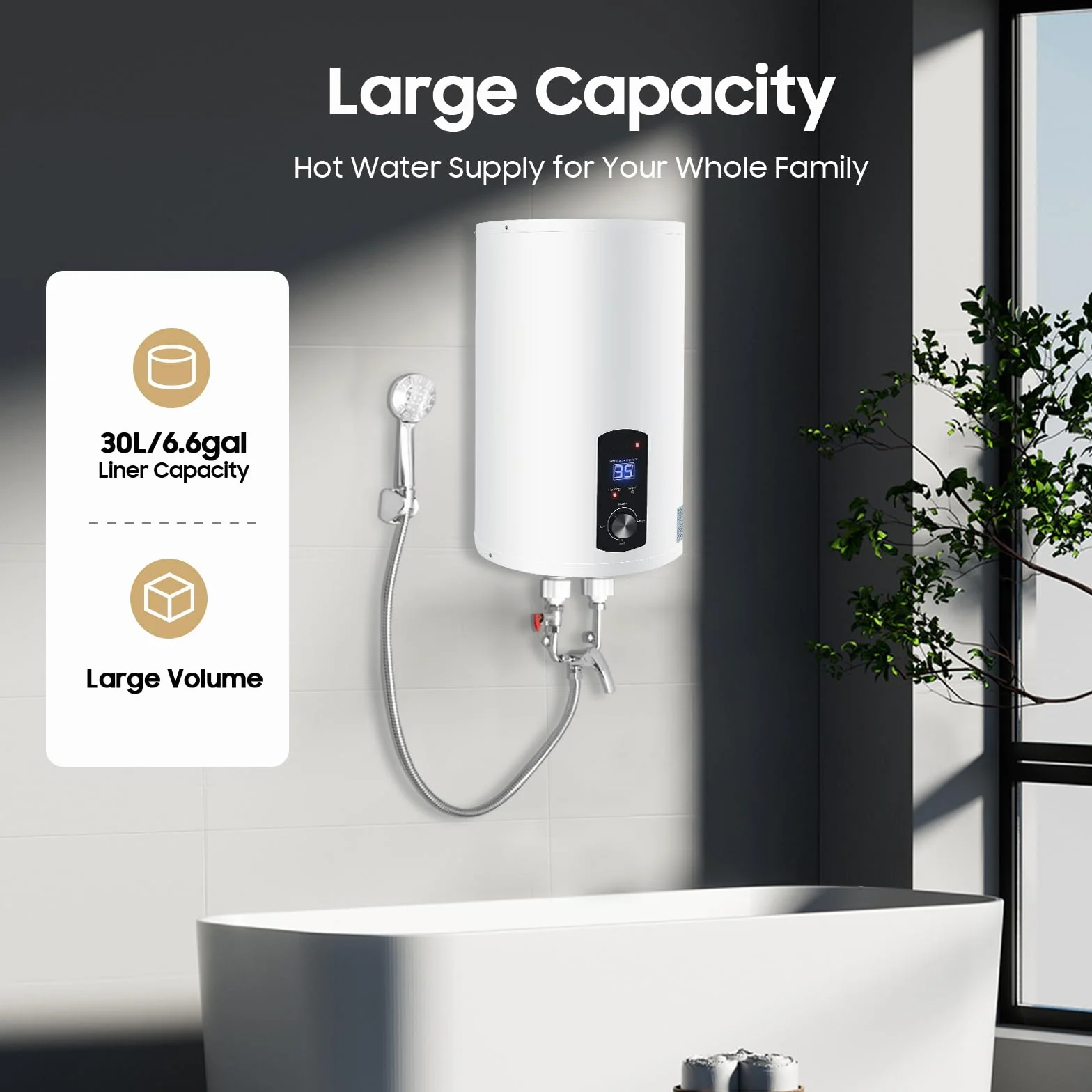 Scaldabagno elettrico ad accumulo | 2000 W elettrico istantaneo | Boiler ad acqua da parete con doccetta e tubi | Intervallo di controllo della temperatura: 25 – 75 °C | Capacità contenitore 30 – 70 L