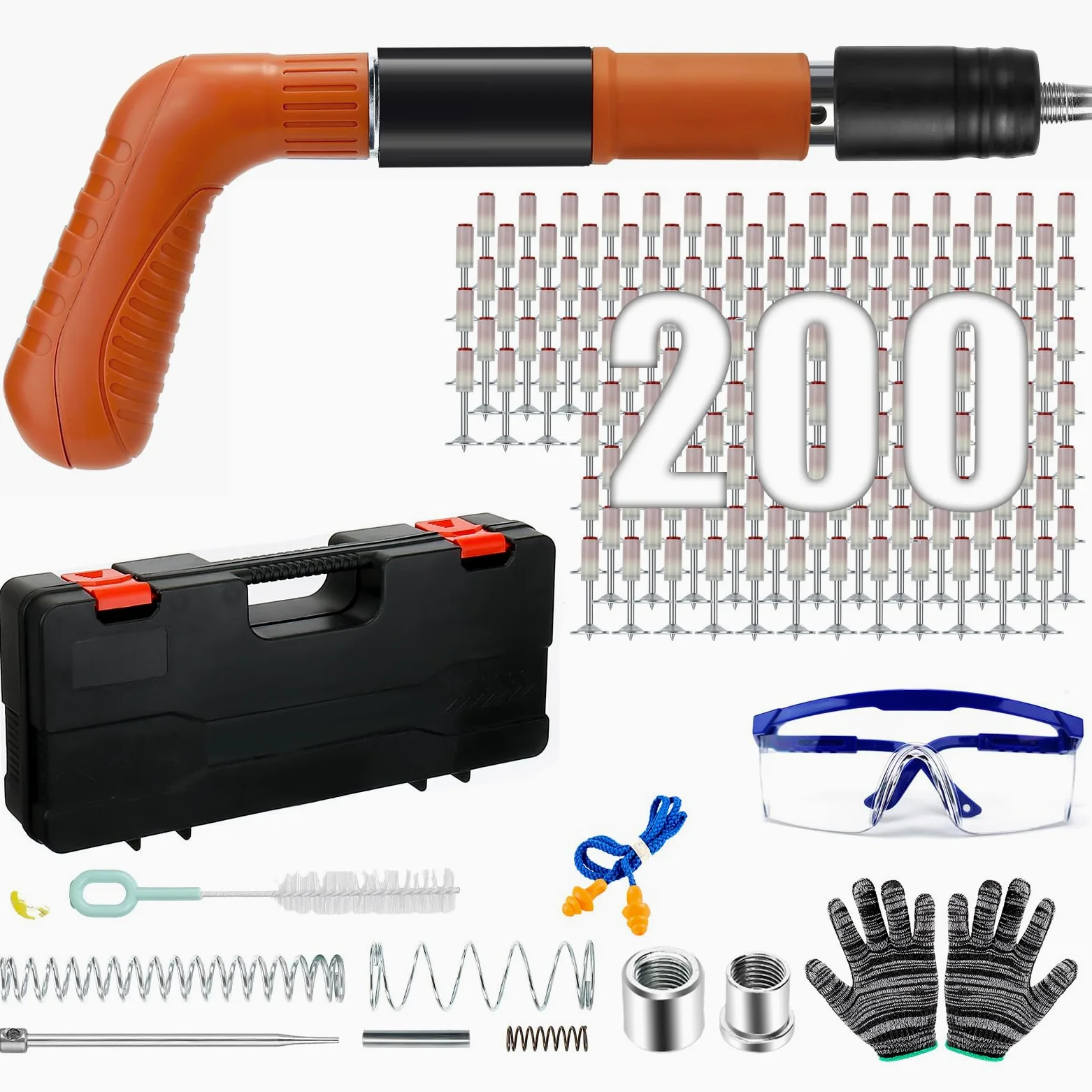 Pistola Manuale Sparachiodi con 200 chiodi tondi, 5 marce, pistola per unghie in cemento, pistola per unghie con scatola di plastica per acciaio e cemento