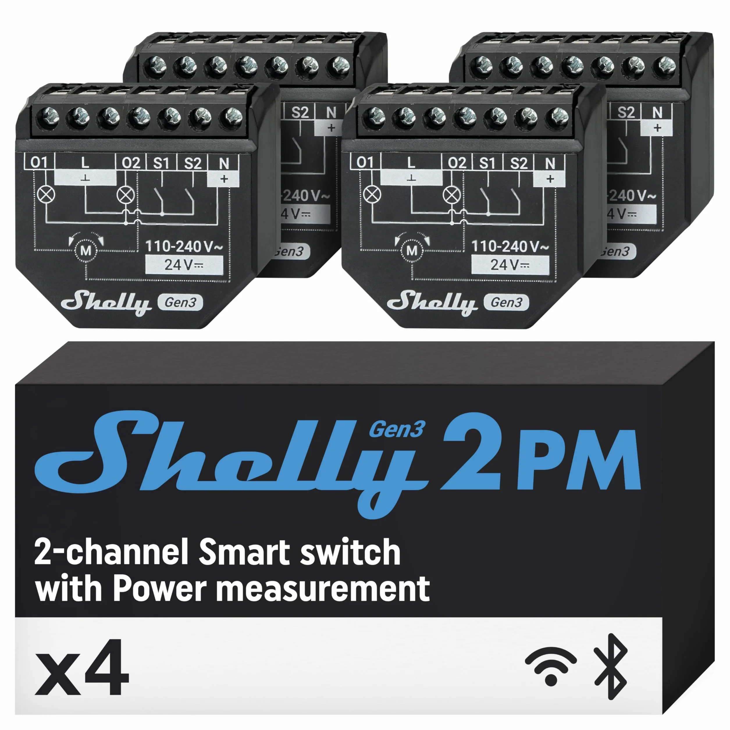 Shelly 2PM Gen3, Wi-Fi Interruttore Intelligente Relé, 2 Canali, 16А, Monitora il Consumo di Energia, Controllo Remoto e Automazione, Illuminazione, Nessun Hub Richiesto, Alexa, Google Home (4 pezzi)