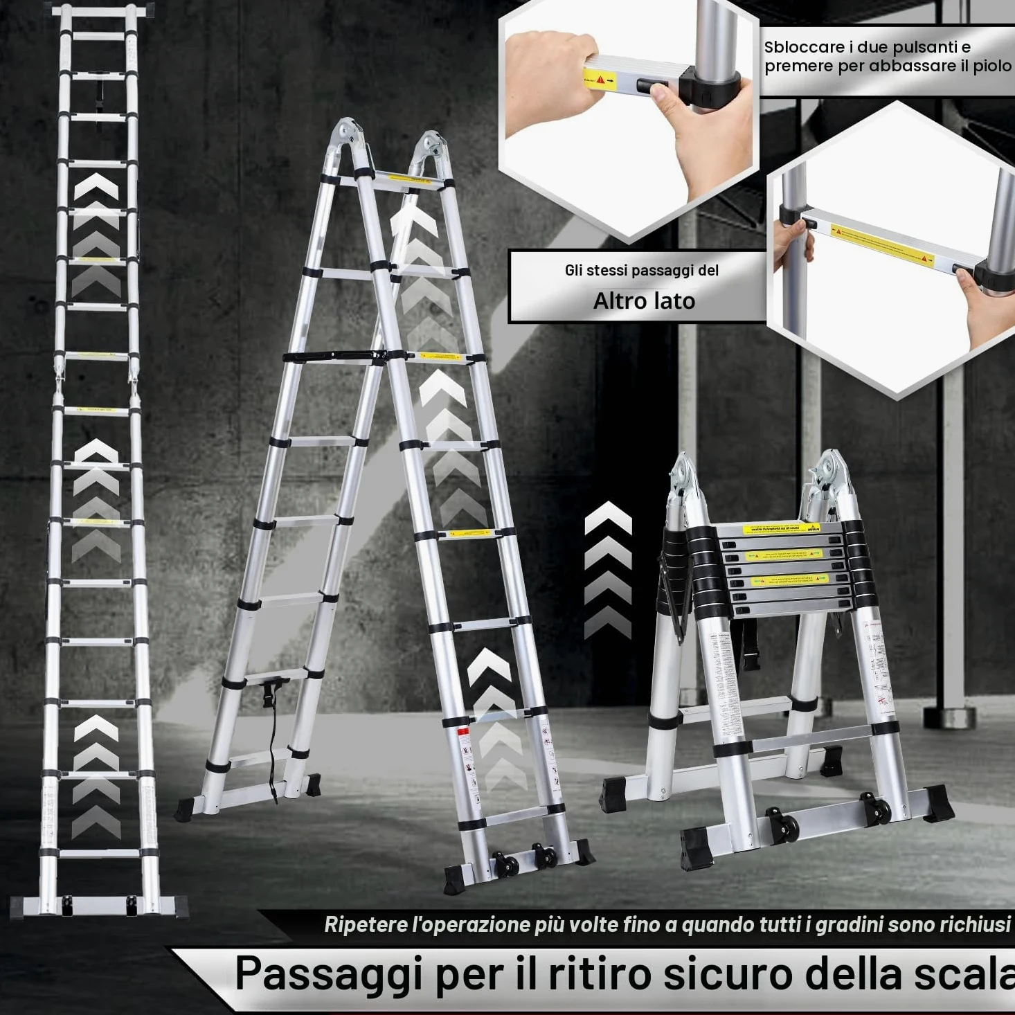 Scala telescopica pieghevole in alluminio, 5 m, allungabile, in alluminio, antiscivolo, portata 150 kg Silver