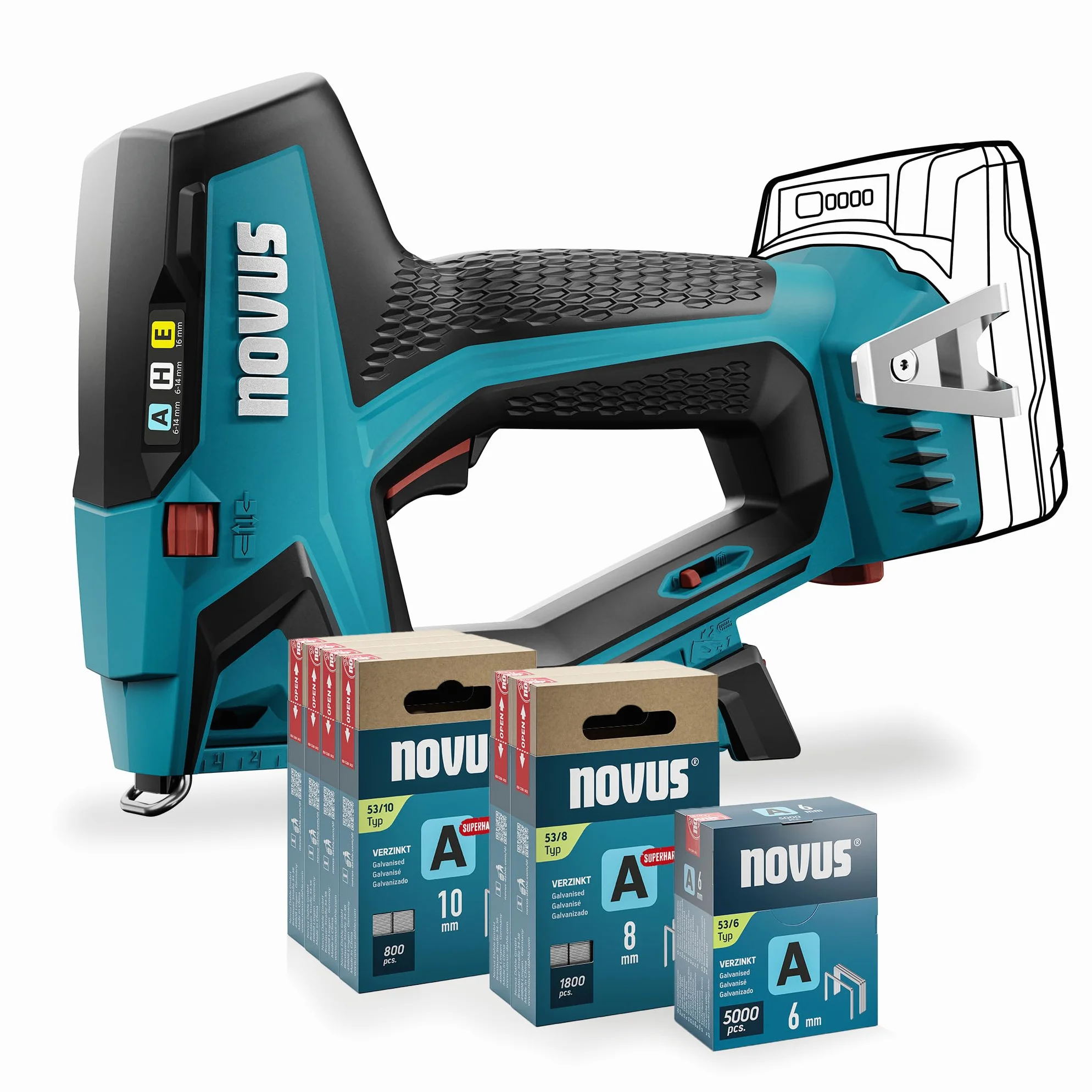 NOVUS TOOLS Set di batterie J-550 + 11.800 morsetti – compatibile con batteria agli ioni di litio CAS da 18 V – senza batteria e caricatore – per clip a filo fine 6 – 14 mm e chiodi 16 mm