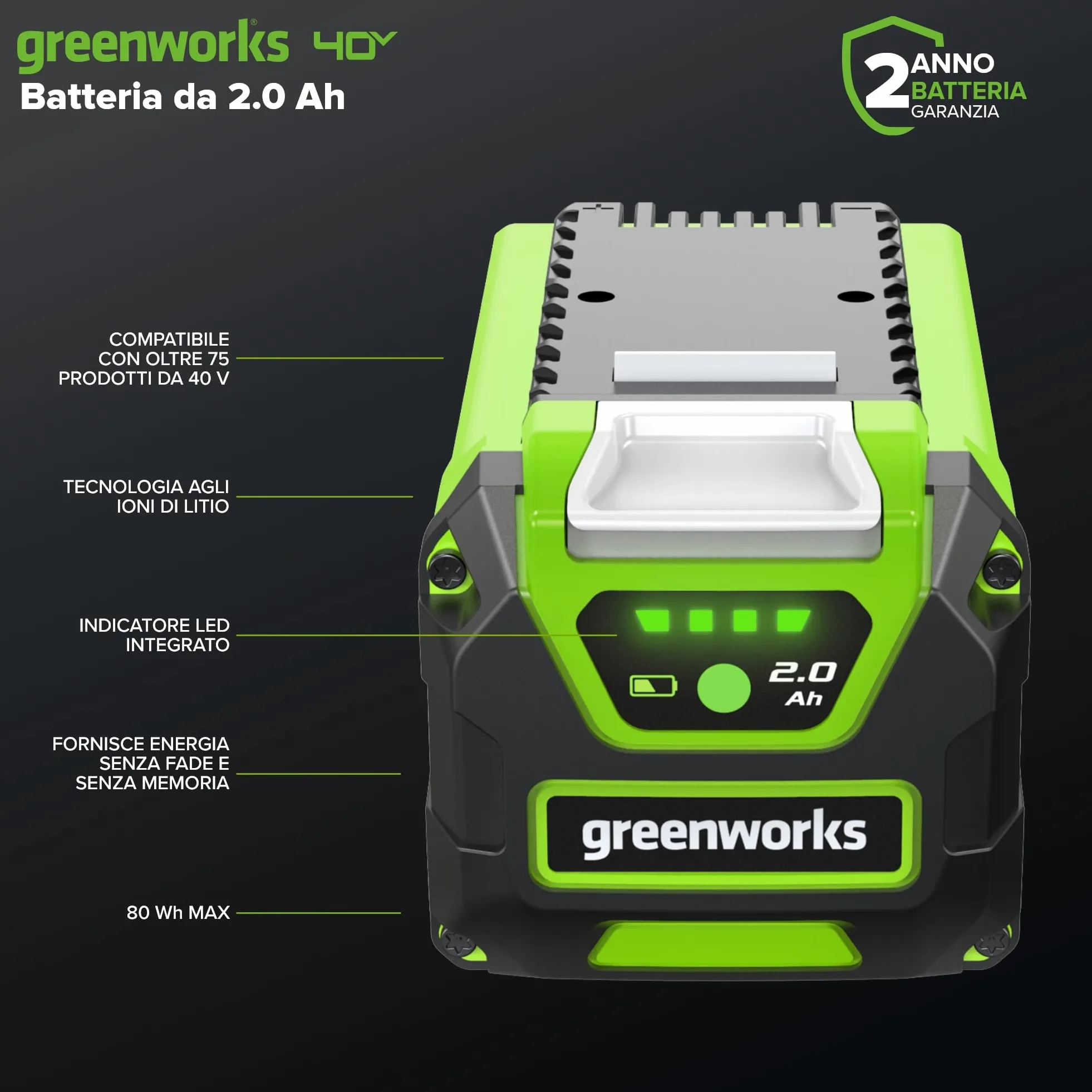 Greenworks Batteria 40V 2Ah - Batteria agli Ioni di Litio per Tutti gli Attrezzi da Giardino ed Elettroutensili Greenworks da 40V, Ricarica Rapida, Indicatore LED di Ricarica, Garanzia 2 Anni - G40B2