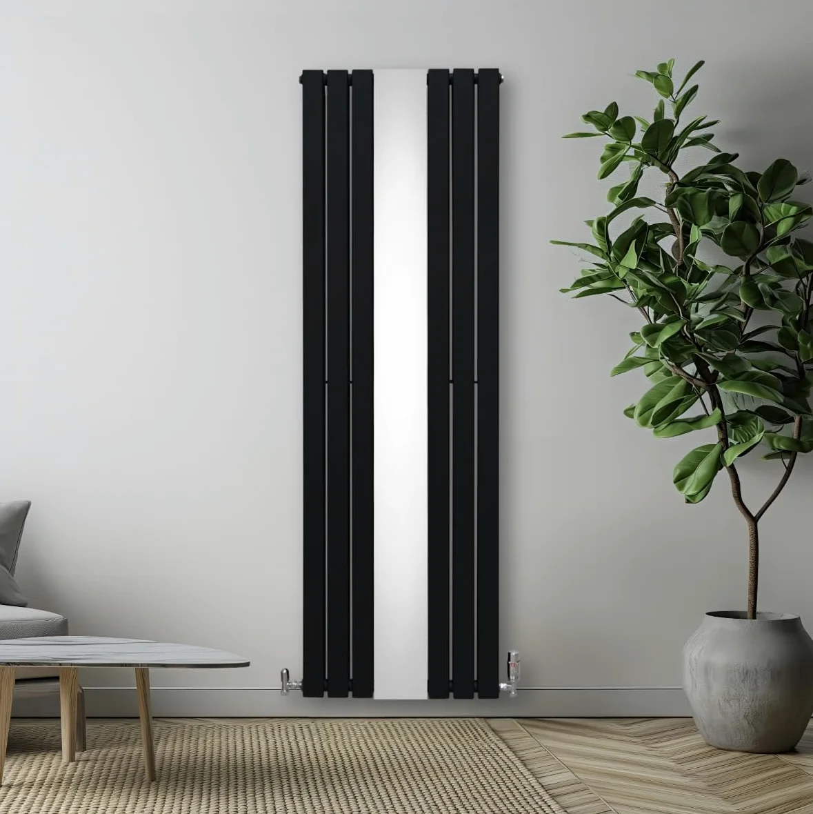 Radiatore con specchio 1800mm x 565mm e valvole TRV cromate Radiatore di design a doppia colonna verticale in acciaio al carbonio Nero Kit di fissaggio e staffe con spazzola di pulizia