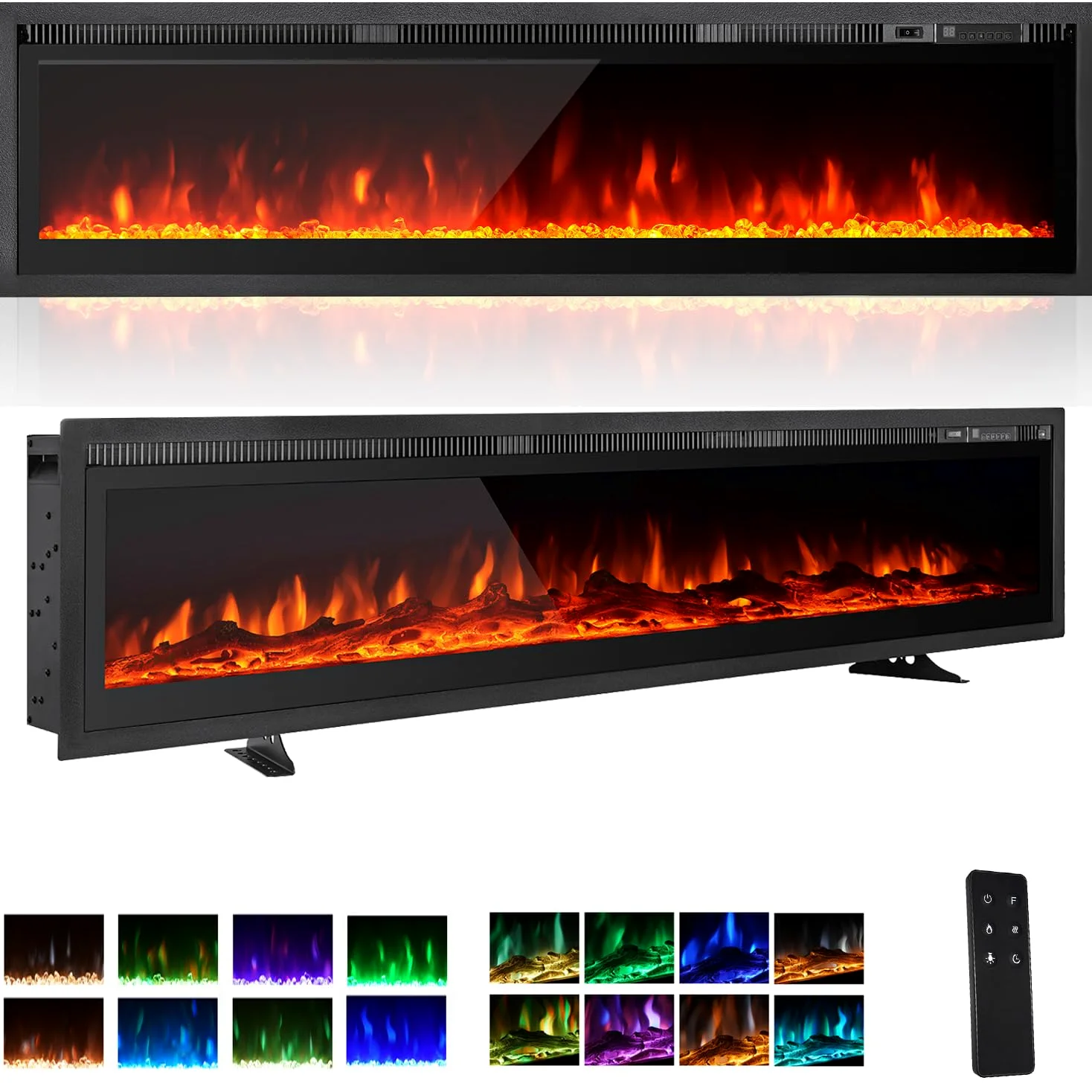 EROMMY Camino Elettrico Indipendente, Montaggio a Parete, Incasso, Effetto Fiamma a 9 Colori, Telecomando, 900W/1800W, Stufa Elettrica con Set di Cristalli e Ceppi (127cm)
