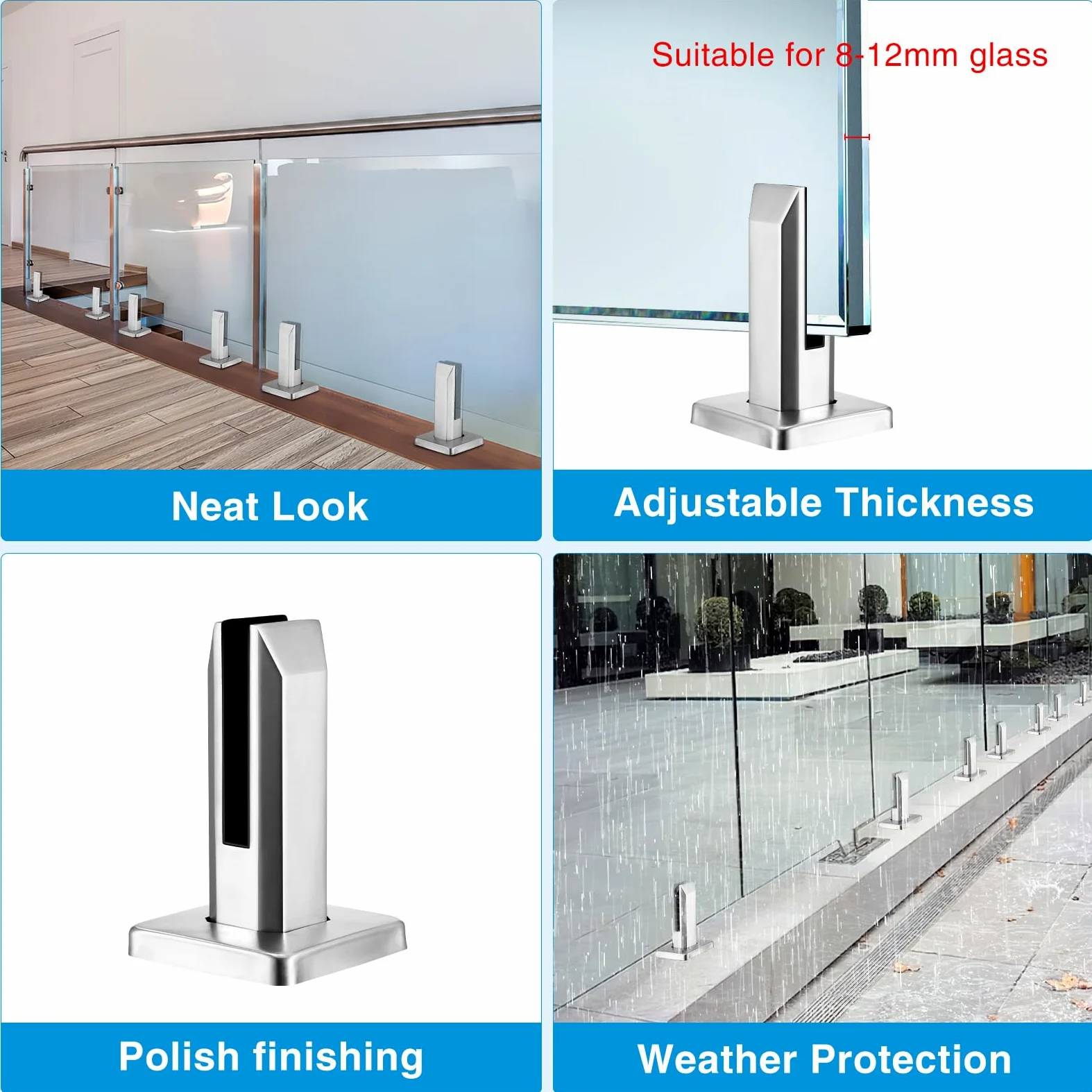 4 Pezzi Morsetto per Vetro in Acciaio Inox, Ringhiera per Piscina Vetro, per Vetro da 8-12 mm/0,3-0,5" di Spessore, Recinzioni in Vetro da Parete per Casa Scale Piscina Balaustra Balcone Giardino