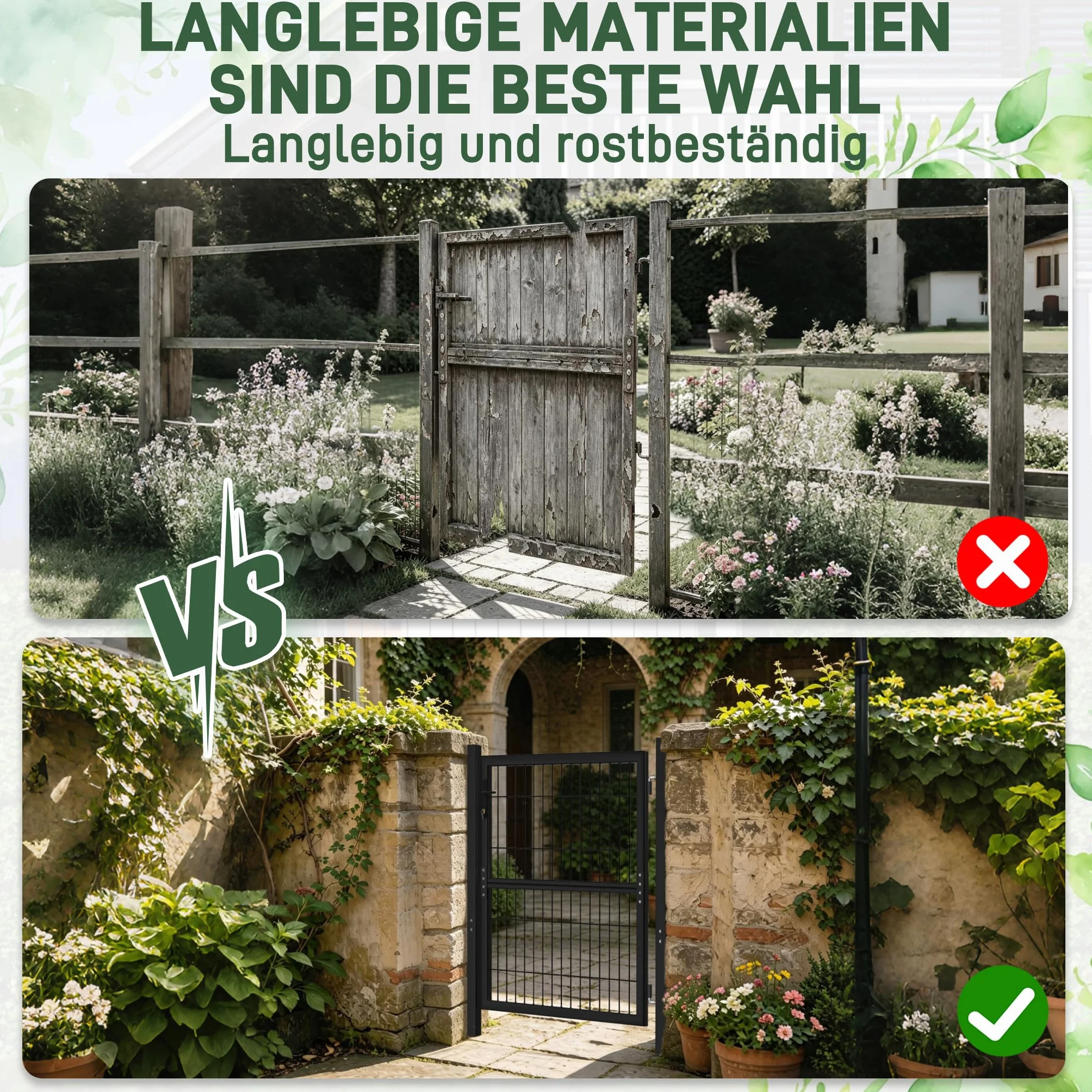 Froadp Cancelli da giardino a battente da 125 x 100 cm, zincati singoli, con pali della porta, maniglie in plastica e serratura a incastro, per giardini, magazzini, cantieri (antracite)