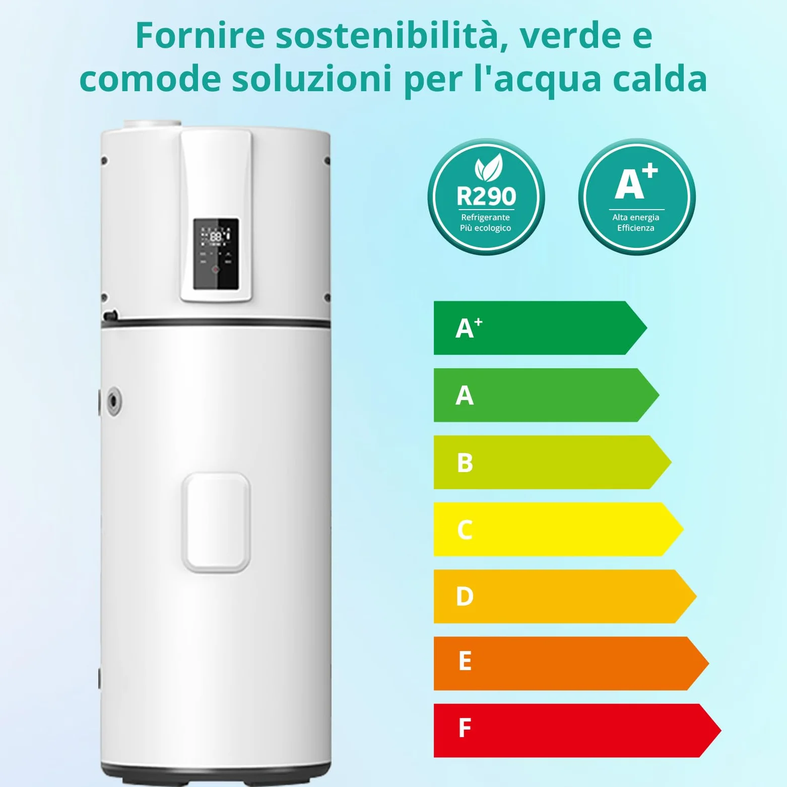 Pompa di calore verticale 240 L, R290 Pompa di calore ad aria per ville, alberghi, case vacanze, commerciali ed esterni, silenziosa 50 dB, riscaldamento rapido a 75 °C, WiFi, compatibile con solare