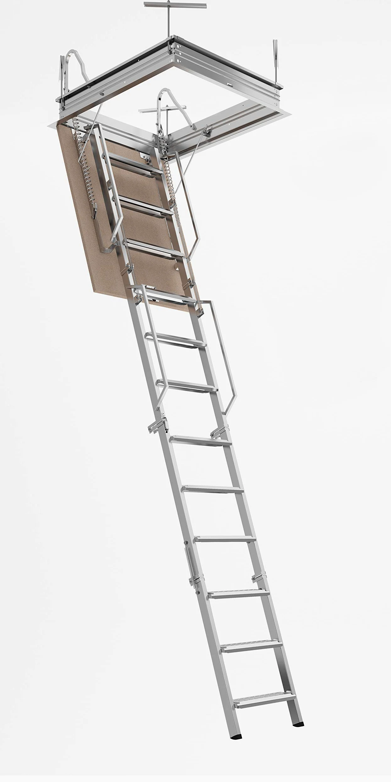 Scala Retrattile Rigida Soffitta in Acciaio Bianco | Quattro sostegni di salita sagomati | Gradino Lato 80 | Misura 80X100 H270-H300 cm