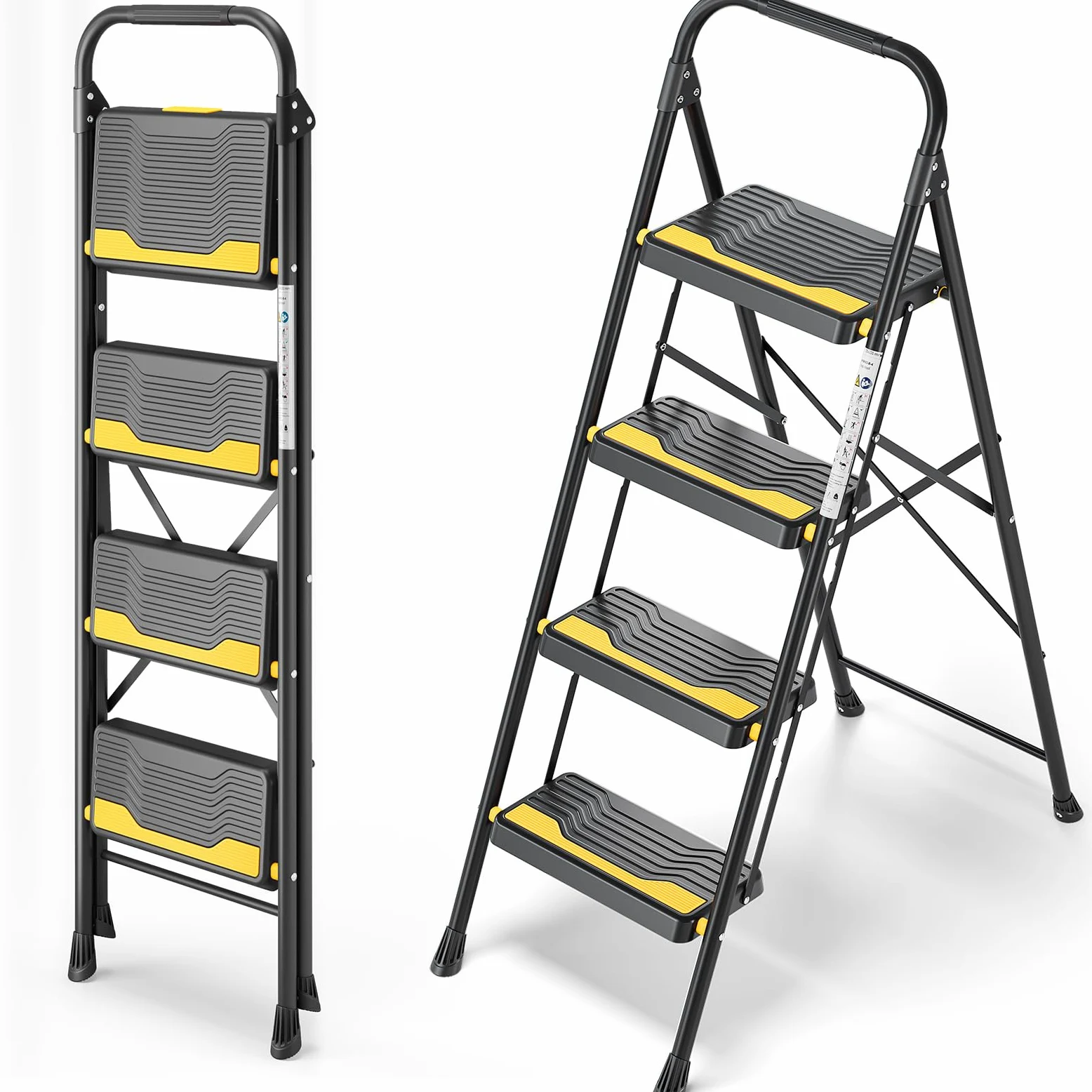 Urackify Scala a 4 gradini, resistente capacità di 150 kg, ampi gradini antiscivolo e corrimano sicuro, compatto, pieghevole, design portatile per casa, cucina, ufficio, dispensa, armadio, nero