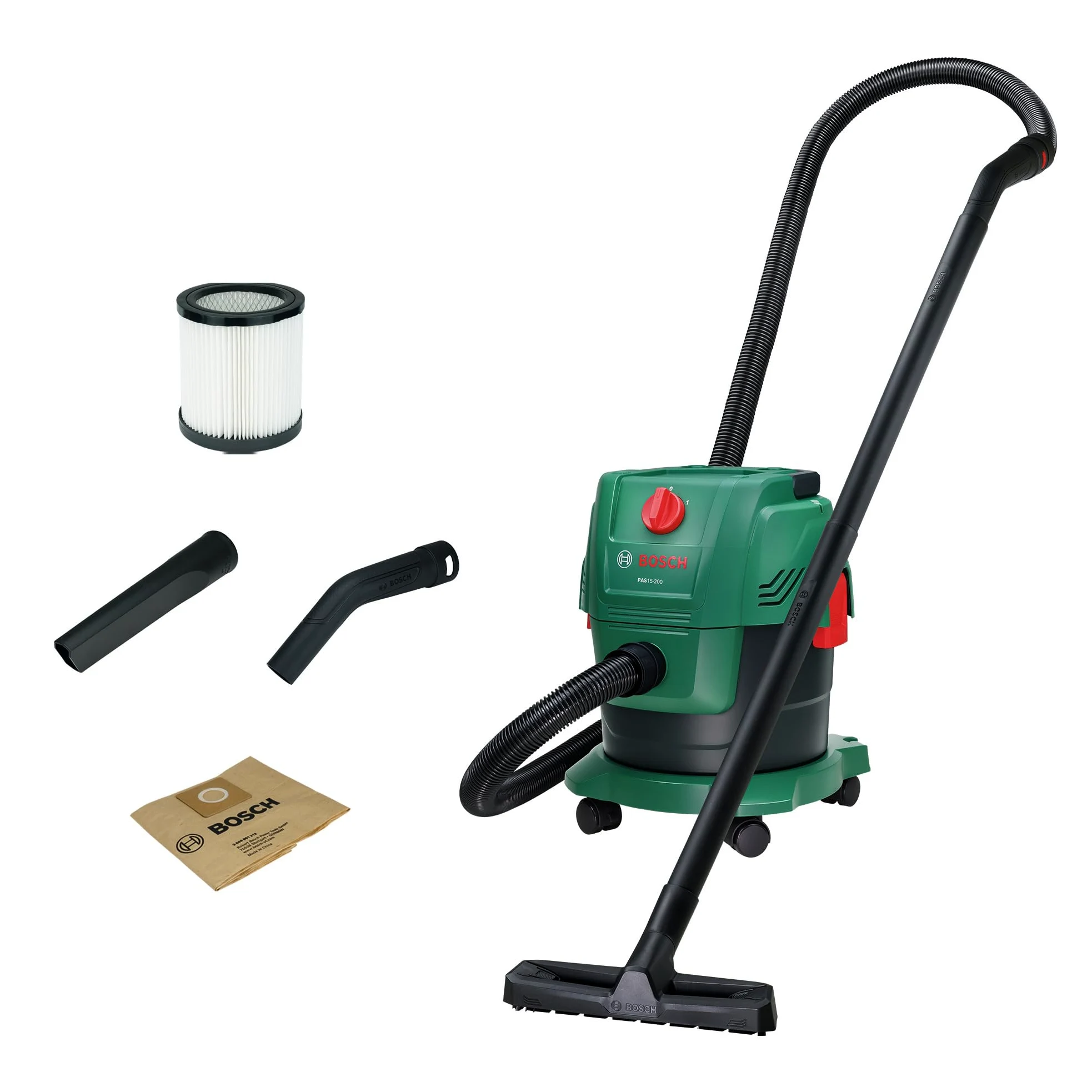 Bosch Aspirapolvere a filo PAS15-200 (Tubi di prolunga (plastica), tubo di aspirazione 2,2 m, tubo a gomito/impugnatura, bocchette per pavimenti e fessure,filtro a cartuccia)