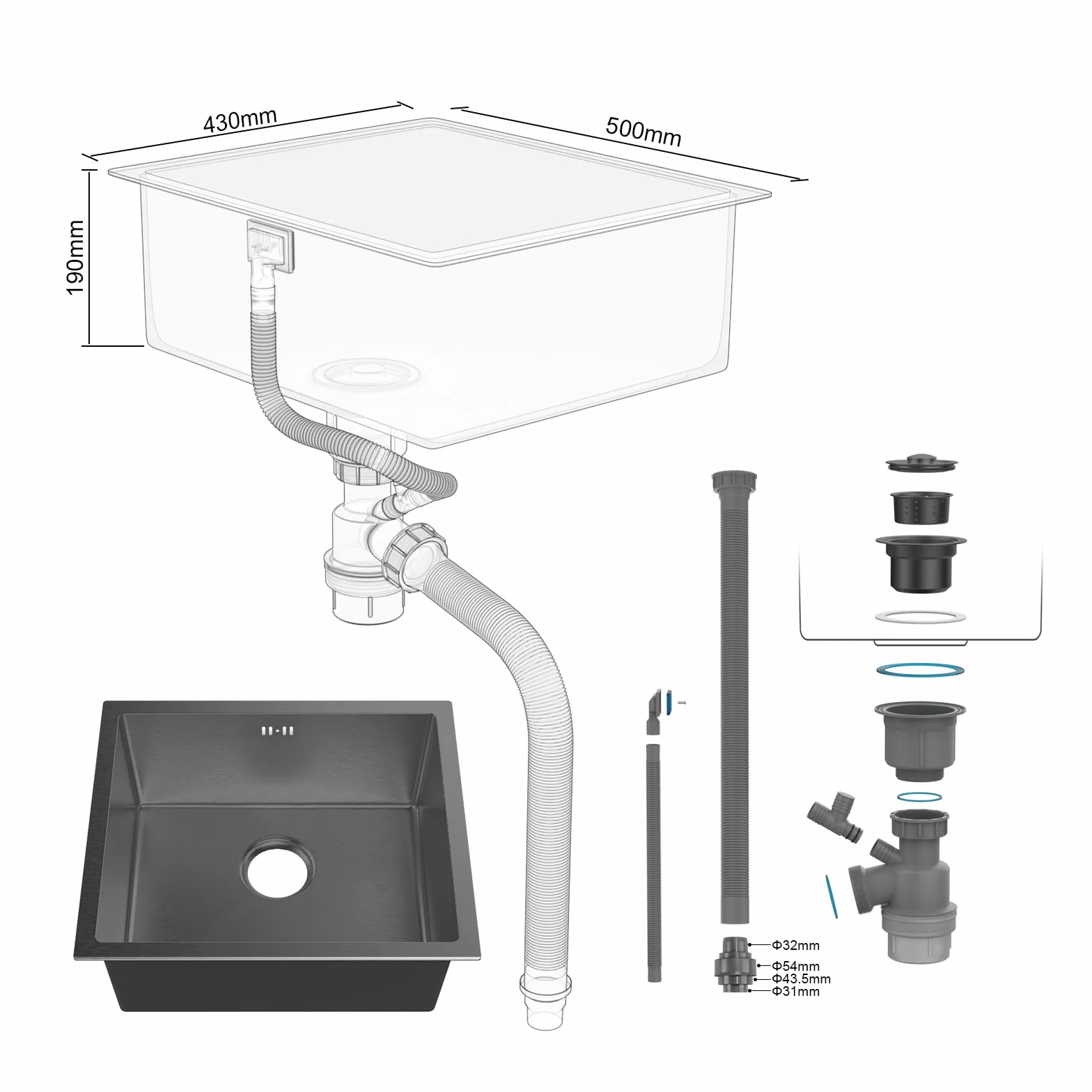 Ibergrif M85043B Lavello Cucina in Acciaio Inox 50x43 cm, Installazione a Sopratop o Filotop con Sifone Antiodore e Kit Scarico Completo, Grigio Scuro