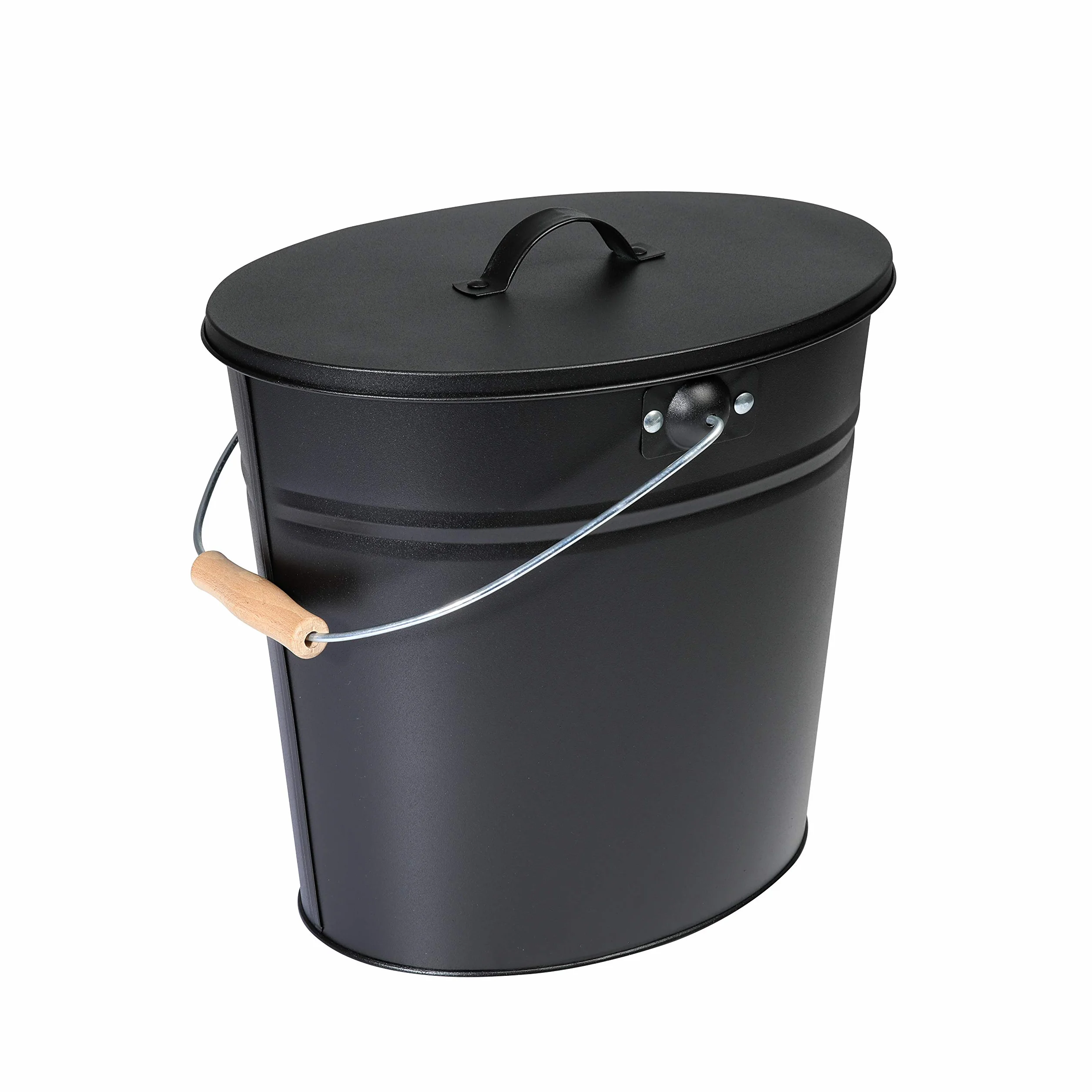 Kamino-Flam Contenitore per Carbone in Metallo Zincato con Coperchio e Manico Rivestito in Legno - Secchio Ovale per Cenere Camino - Nero - Capienza 24 Litri