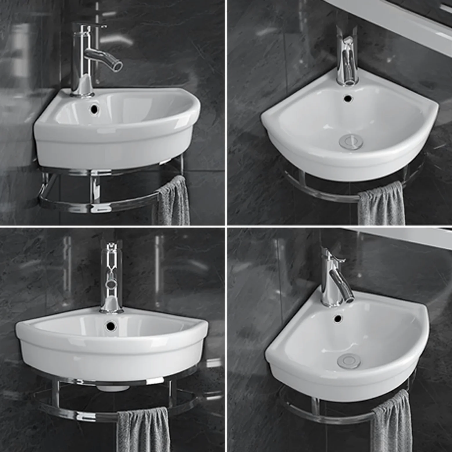 Lavello da bagno moderno ad angolo da 25,4 cm, piccolo lavabo da parete con rubinetto di scarico barra per asciugamani per cucina bagno fattoria