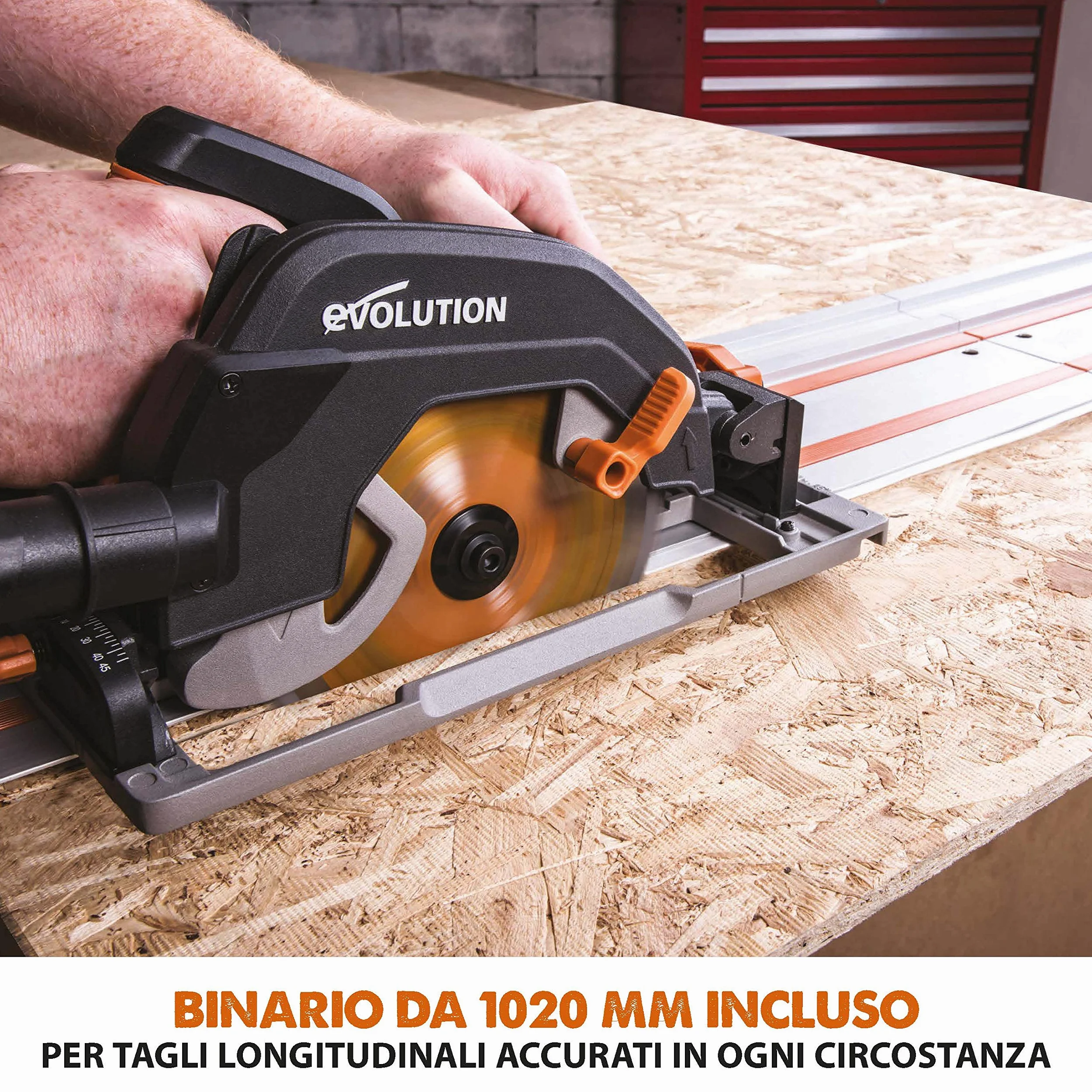 Evolution Power Tools - R185CCSX Sega Circolare Multi-Materiale 185 mm Compatibile con Binario Guida (Pacchetto Abbinato con Binario da 1020 mm Incluso), 230 V