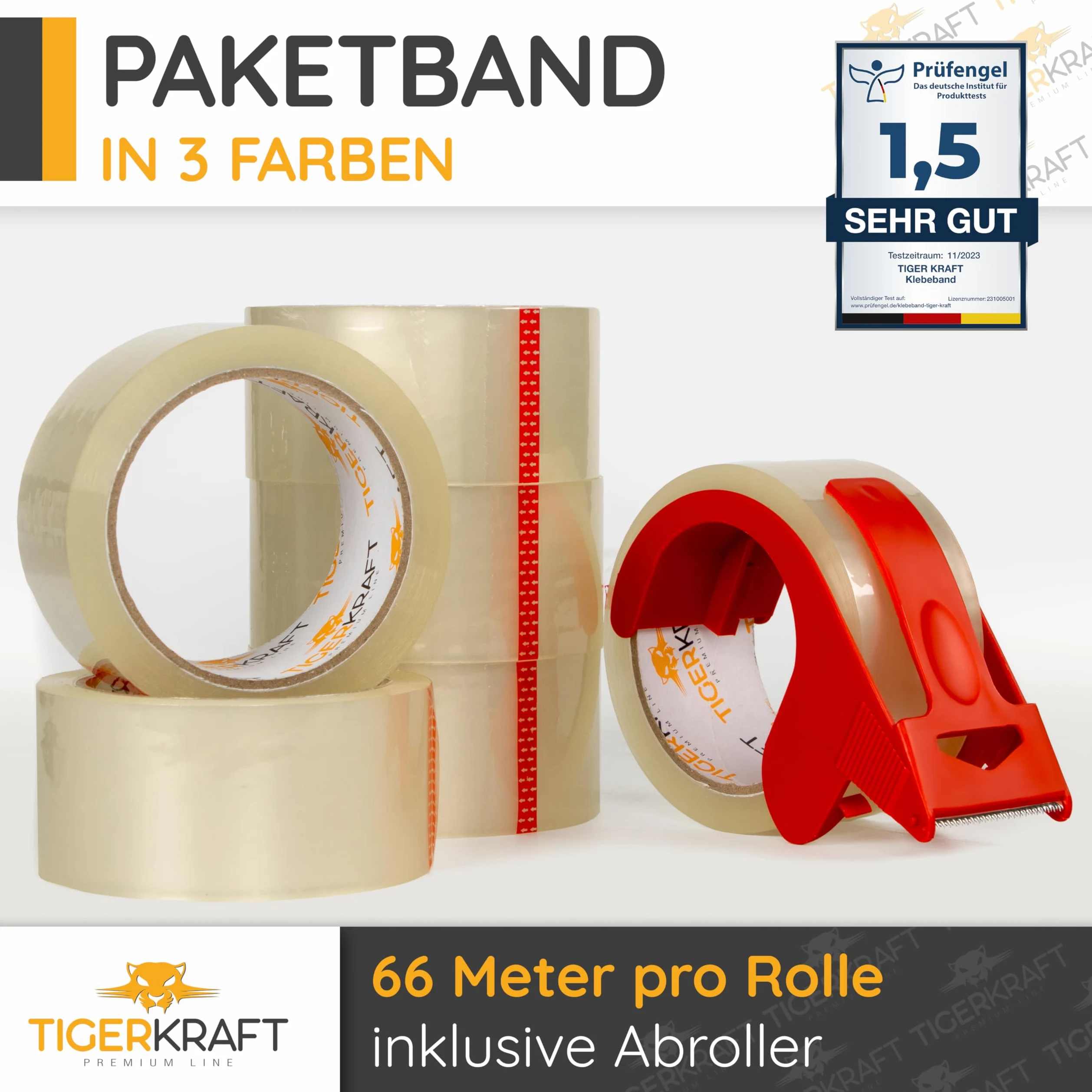 TIGERKRAFT – Nastro adesivo a basso rumore con avvolgitore – Nastro adesivo resistente ai raggi UV – Nastro adesivo ogni 48 mm x 66 m / 48 micron – Nastro per imballaggio per spedizione, magazzino,